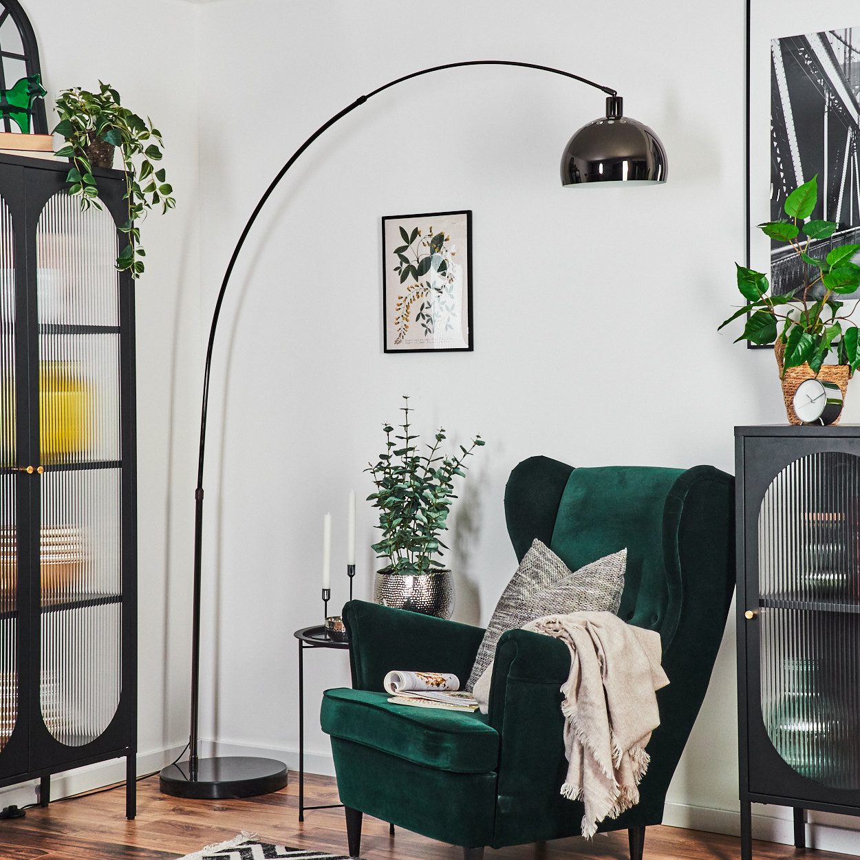 hofstein Bogenlampe Stehlampe aus Metall mit Marmorfuß in Schwarz/Chromfarben/Weiß, ohne Leuchtmittel, verstellbar, im Retro/Vintage-Design, Fußschalter, Lichteffekt, E27