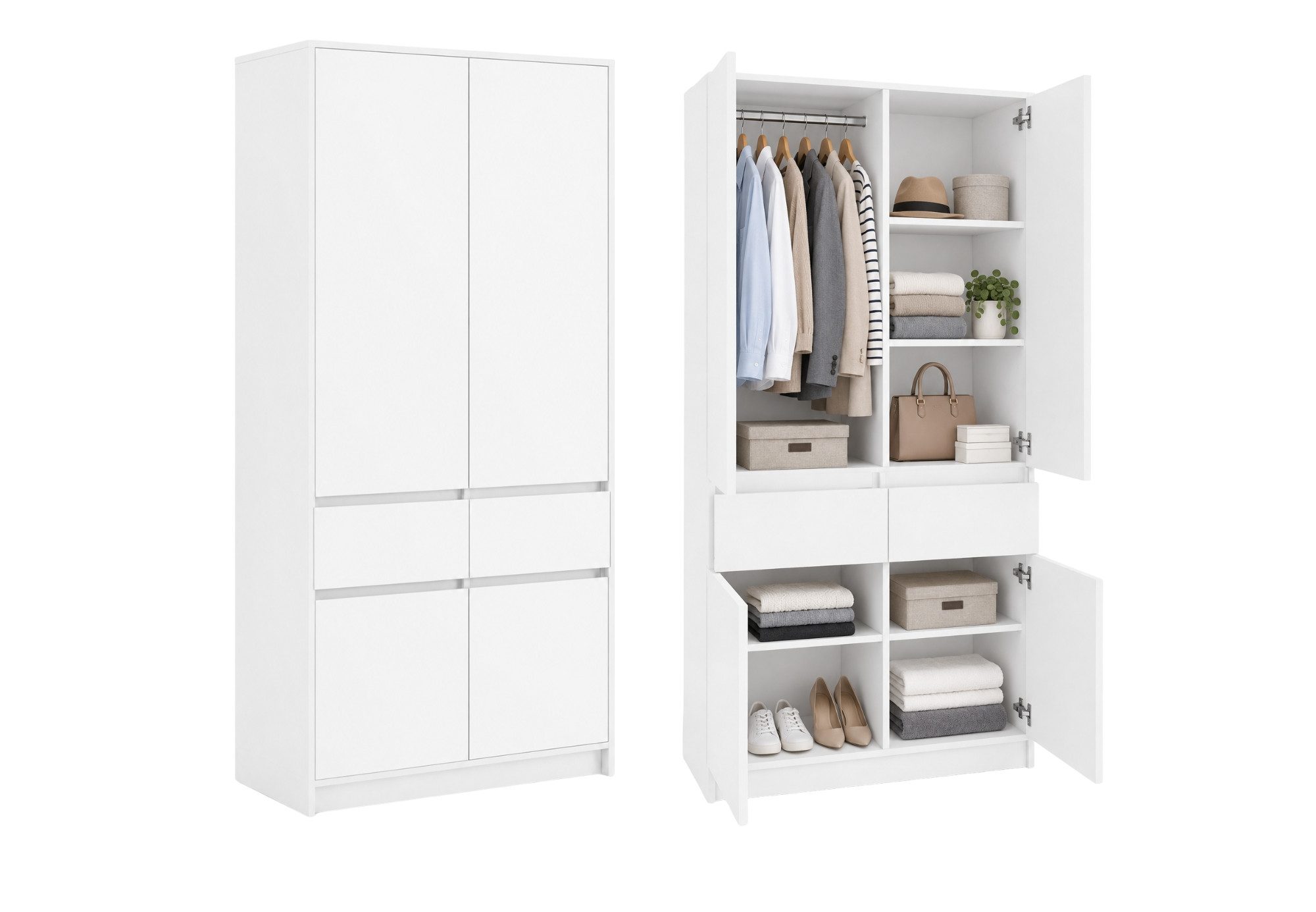 Home Collective Kleiderschrank Schrank Schlafzimmer Garderobenschrank Mehrzweckschrank Hochschrank (100 cm breit, mit 2 Schubladen, Kleiderstange & Einlegeböden) Wäscheschrank, vielseitig, grifflose Front, Weiß