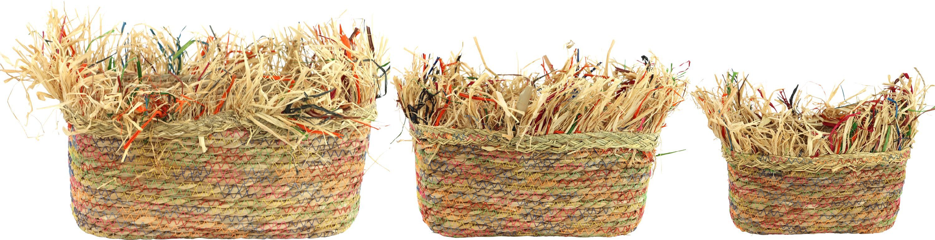 FURNARO Aufbewahrungskorb (3-tlg. Korbset), Handgeflochtene Naturstruktur mit dekorativem Rand