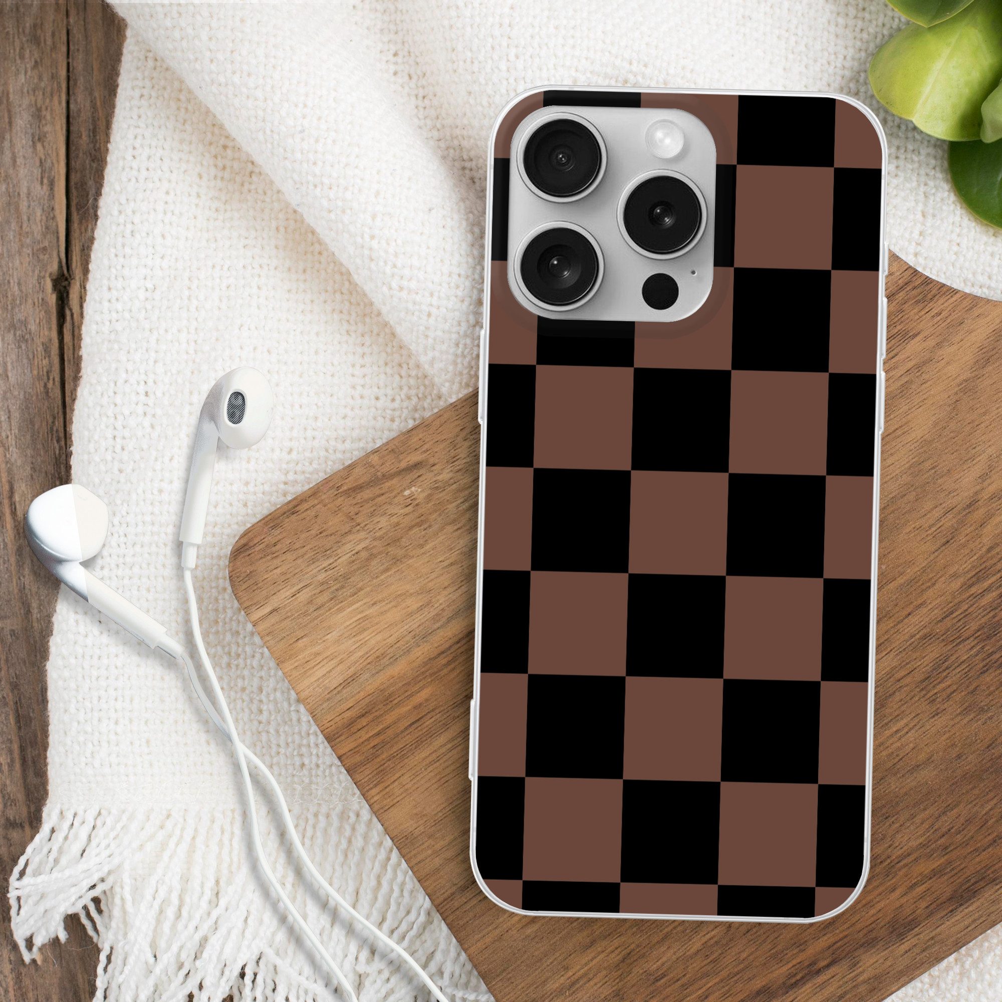 MuchoWow Handyhülle für Apple iPhone 16 Pro Schachbrettmuster - Braun - Schwarz - Blöcke, Smartphone-Bumper, Print, Handy Schutzhülle Dünn