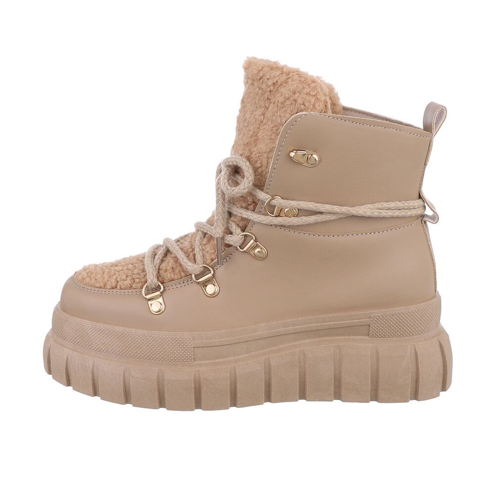 Ital-Design Damen Schnürschuhe Freizeit Schnürstiefelette Keilabsatz/Wedge Keilstiefeletten in Hellbraun