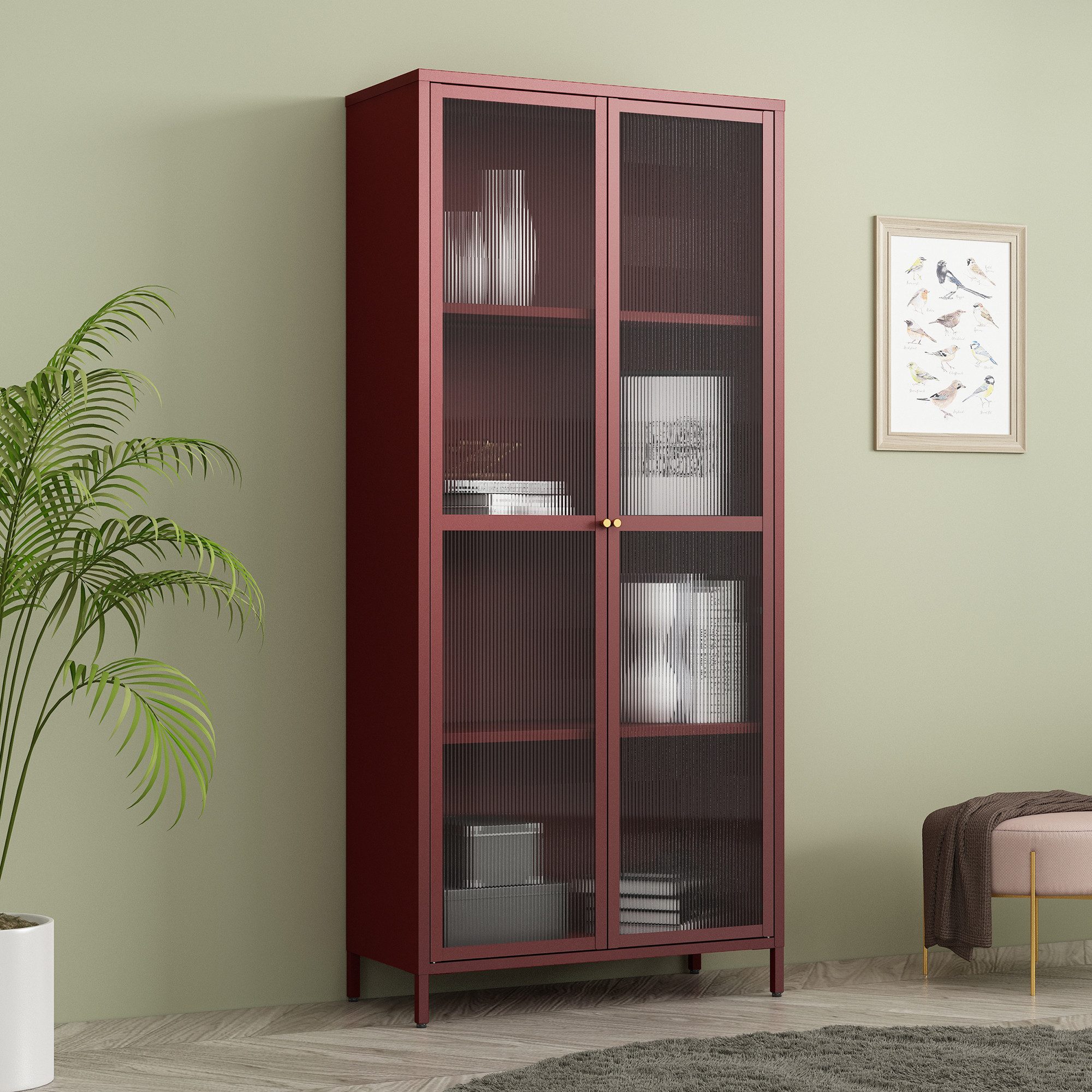 en.casa Vitrine »Säkylä« mit 2 Türen Stahl 180 x 80 x 35 cm Bordeauxrot