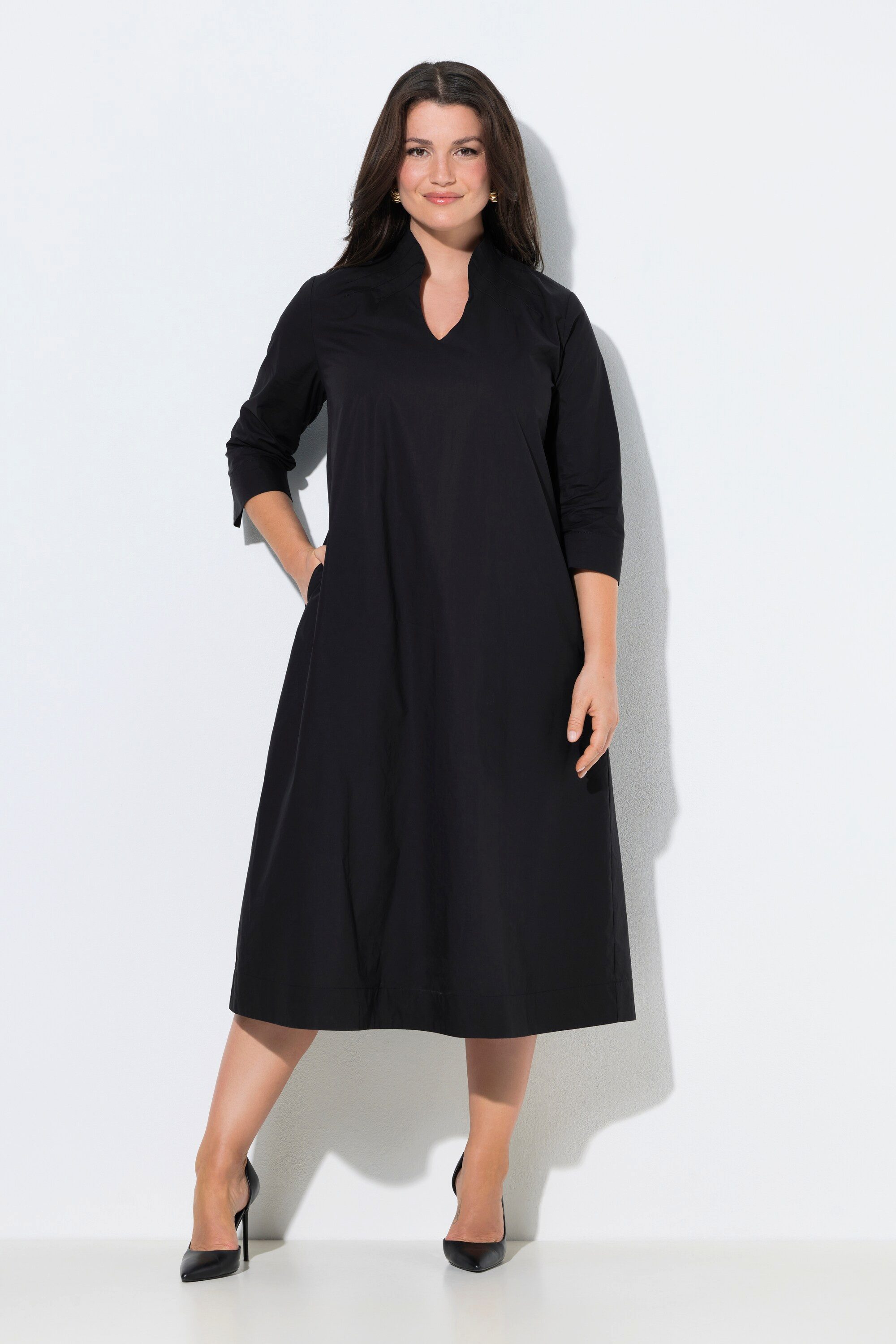 Ulla Popken Midikleid Midikleid Papertouch A-Linie Kelchkragen 3/4-Arm