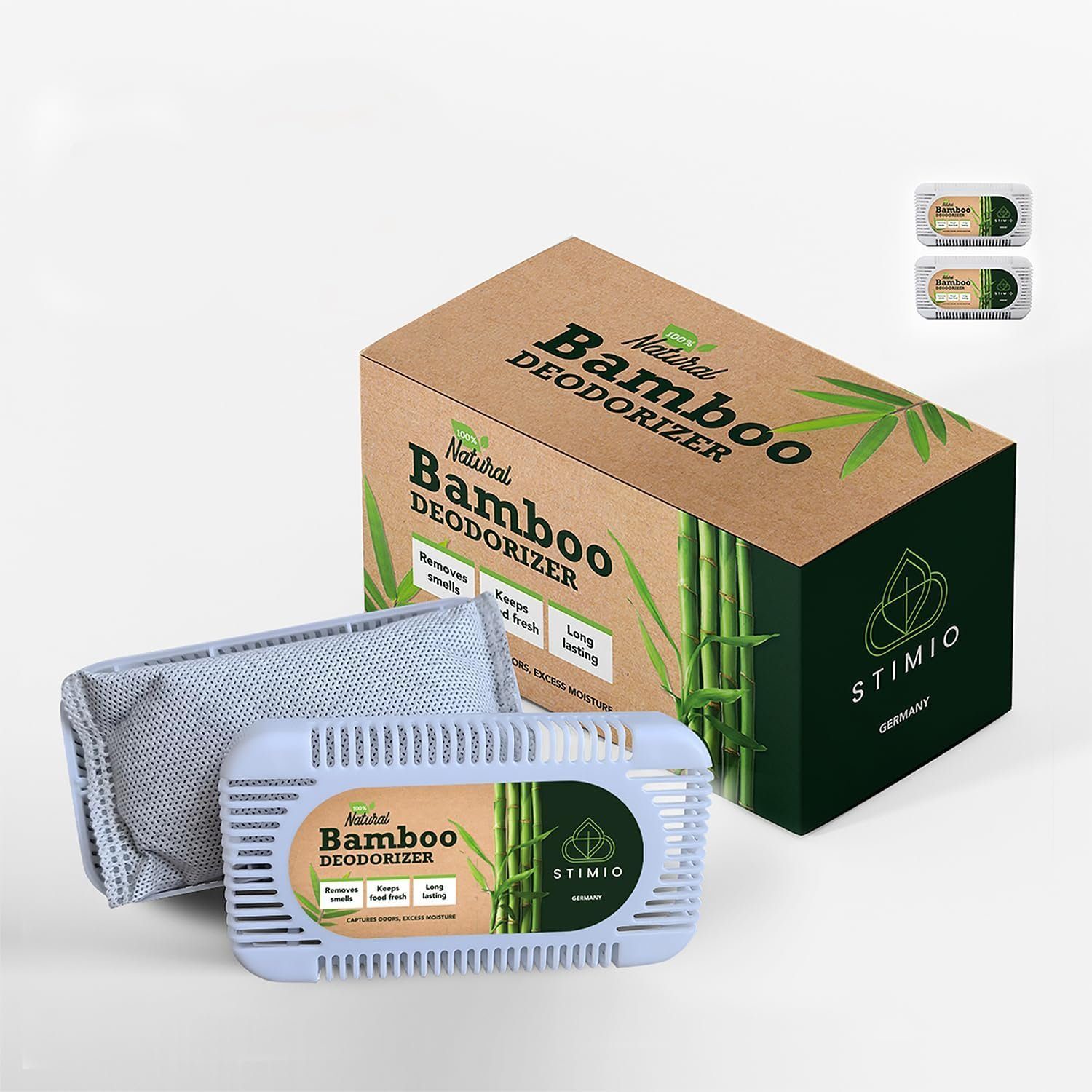 Stimio Anti-Geruchs-Säckchen Effektiver Geruchsentferner, Geruchskiller (Set, 2-St), Lufterfrischer aus Bambus- Aktivkohle für den Kühlschrank