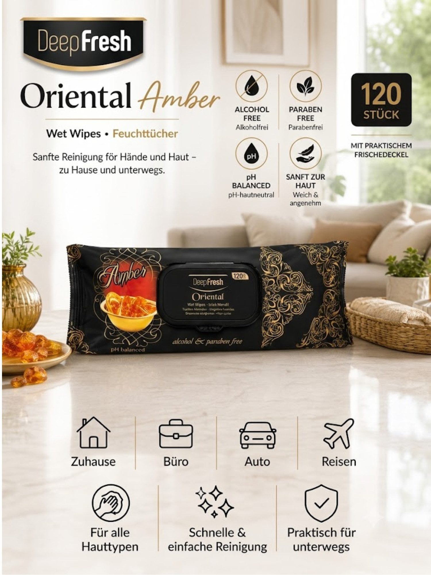 Deep Fresh 120 Tücher mit Klappdeckel, pH-hautneutral, alkoholfrei Reinigungstücher (Amber, 1-tlg., 1 Packung mit 120 Reinigungstüchern, Alkoholfrei pH-hautneutral Vegan Animal Test Free GMP-zertifiziert)