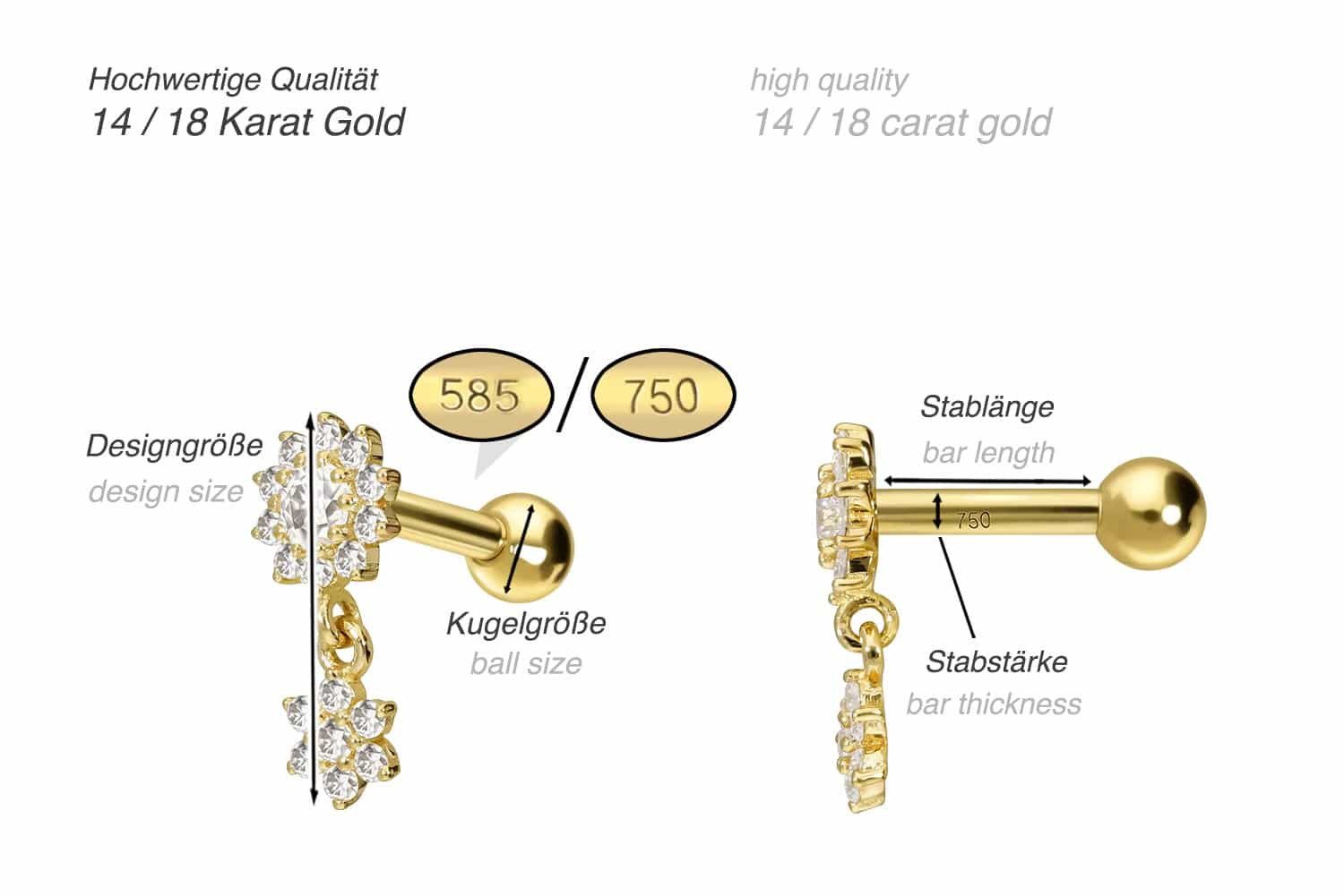 PIERCINGLINE Piercing-Set 14/18 Karat Gold Ohrpiercing 2 MOISSANIT-BLUMEN (Mini-Barbells, 1-tlg)