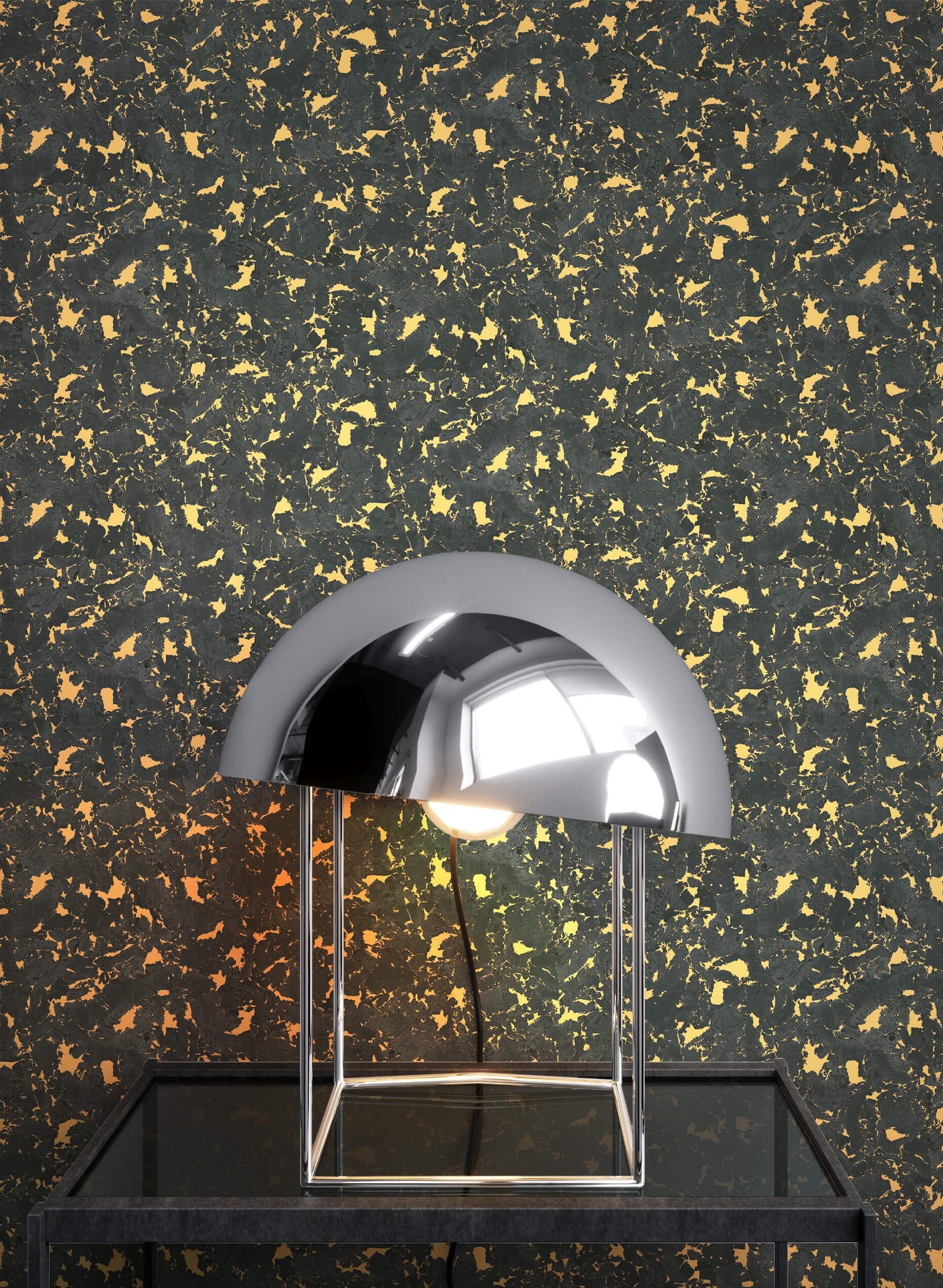 Newroom Papiertapete Feliz Black Tapete Glanztapete Leicht Glänzend,Kork,Metallic, Schwarz Tapete Industrial Leicht Glänzend - Glanztapete Betontapete Gold Loft Modern Kork Metallic für Wohnzimmer Schlafzimmer Flur, Betontapete