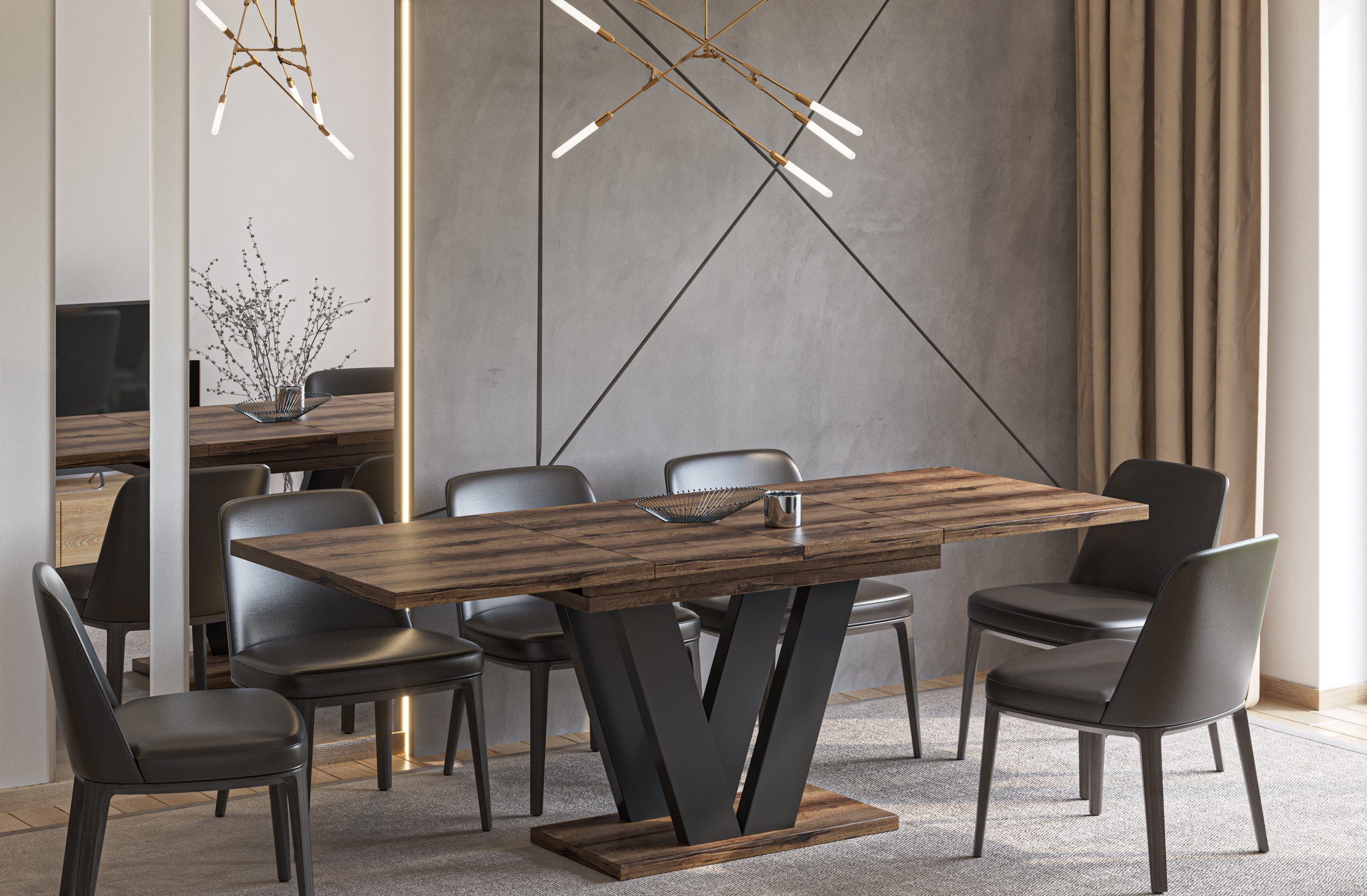 Endo-Moebel Esstisch Lara Esstisch 130–210cm ausziehbar für 8 Personen Tischbeine schwarz, Ausziehbar, Synchronauszug, Säulengestell, Erweiterungsplatten intern