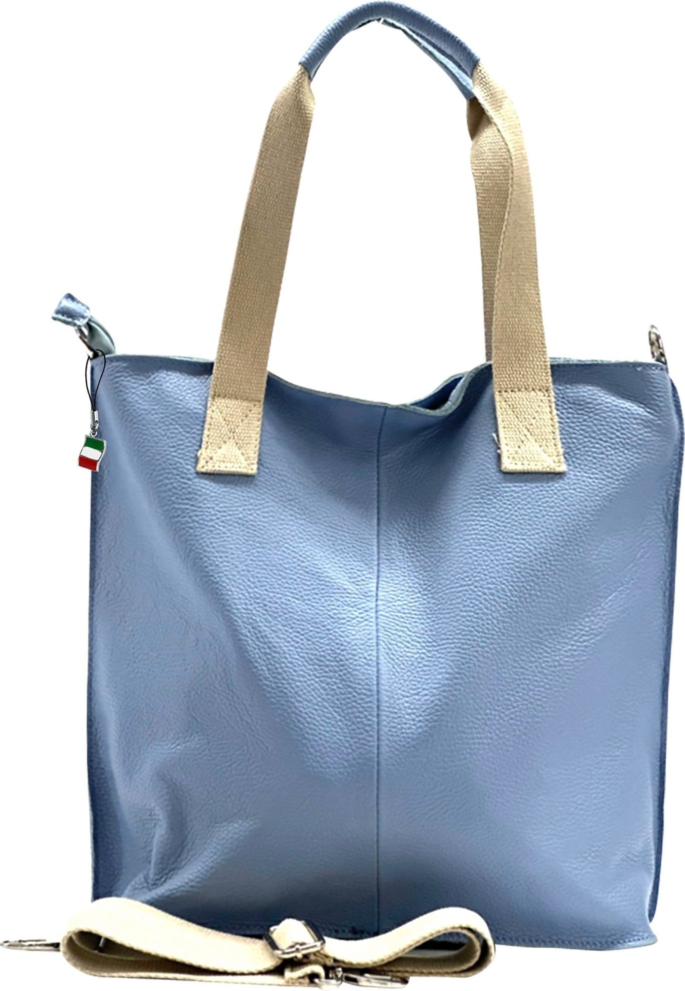 FLORENCE Schultertasche Florence Echtleder Umhängetasche Damen (Schultertasche), Damen Leder Schultertasche, Shopper, hellblau ca. 44cm