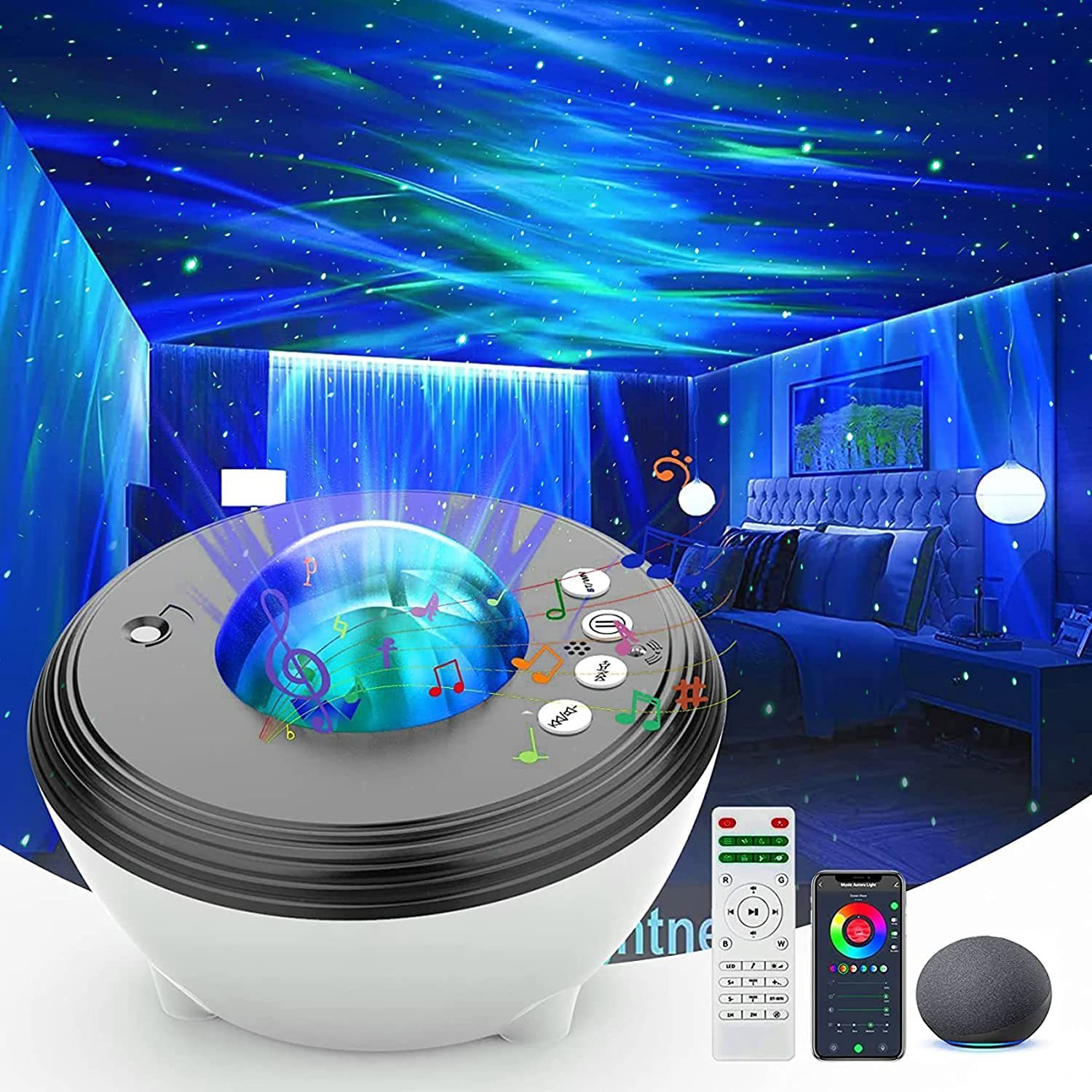 AKKEE LED Nachtlicht Aurora Sternenhimmel Projektor mit Musik Lautsprecher,  mit Fernbedienung, Nachtlicht mit Einschlafhilfen Soundmaschine für  Erwachsene Kinder