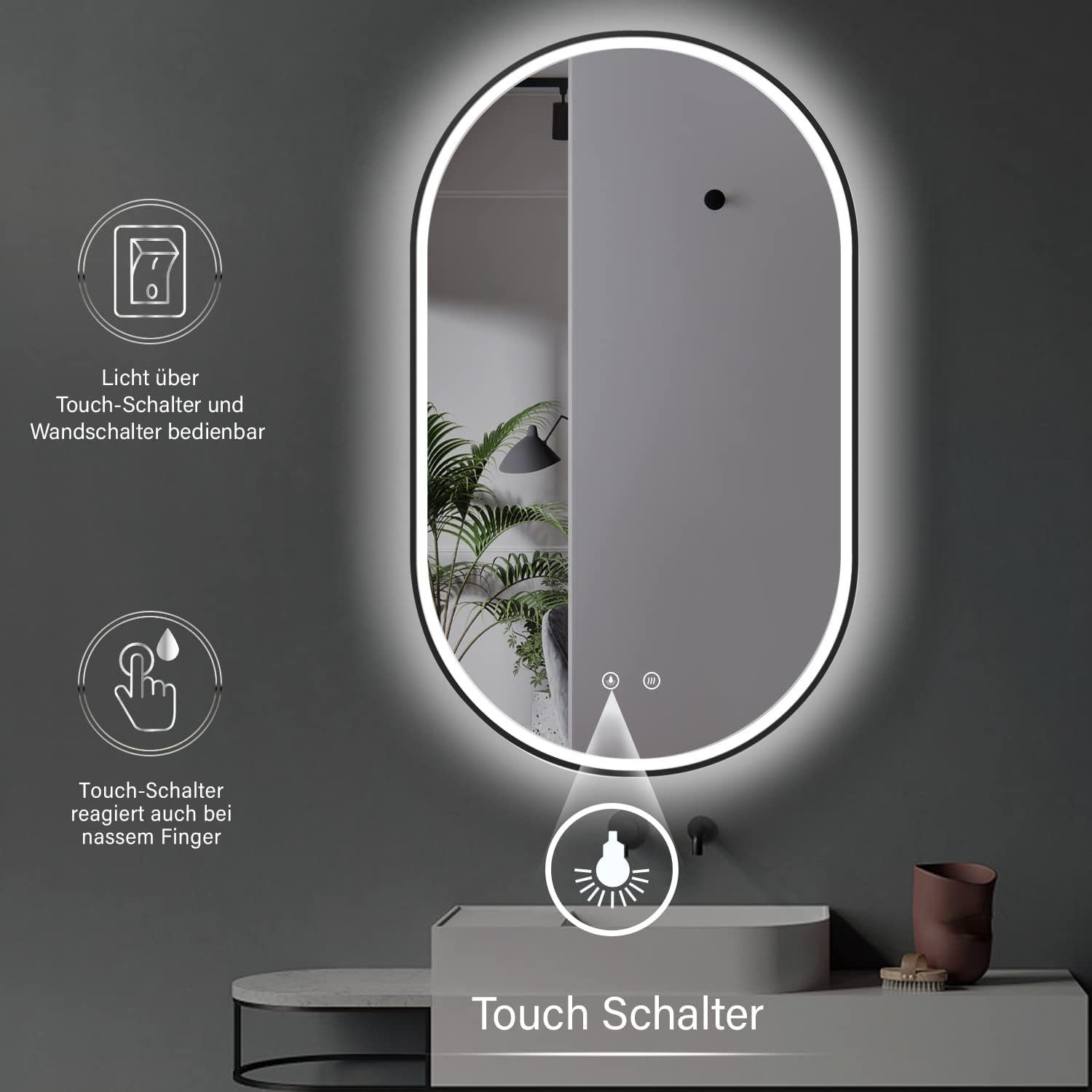 HOKO Badspiegel LED Design LED (Warmweiß HD und Wandschalter mit Wandspiegel Touch mit Oval - Licht 4mm Kaltweiß Memory-Funktion.IP44, + Neutral. Schalter - Glass) einschaltbar. Wechsel Antibeschlag