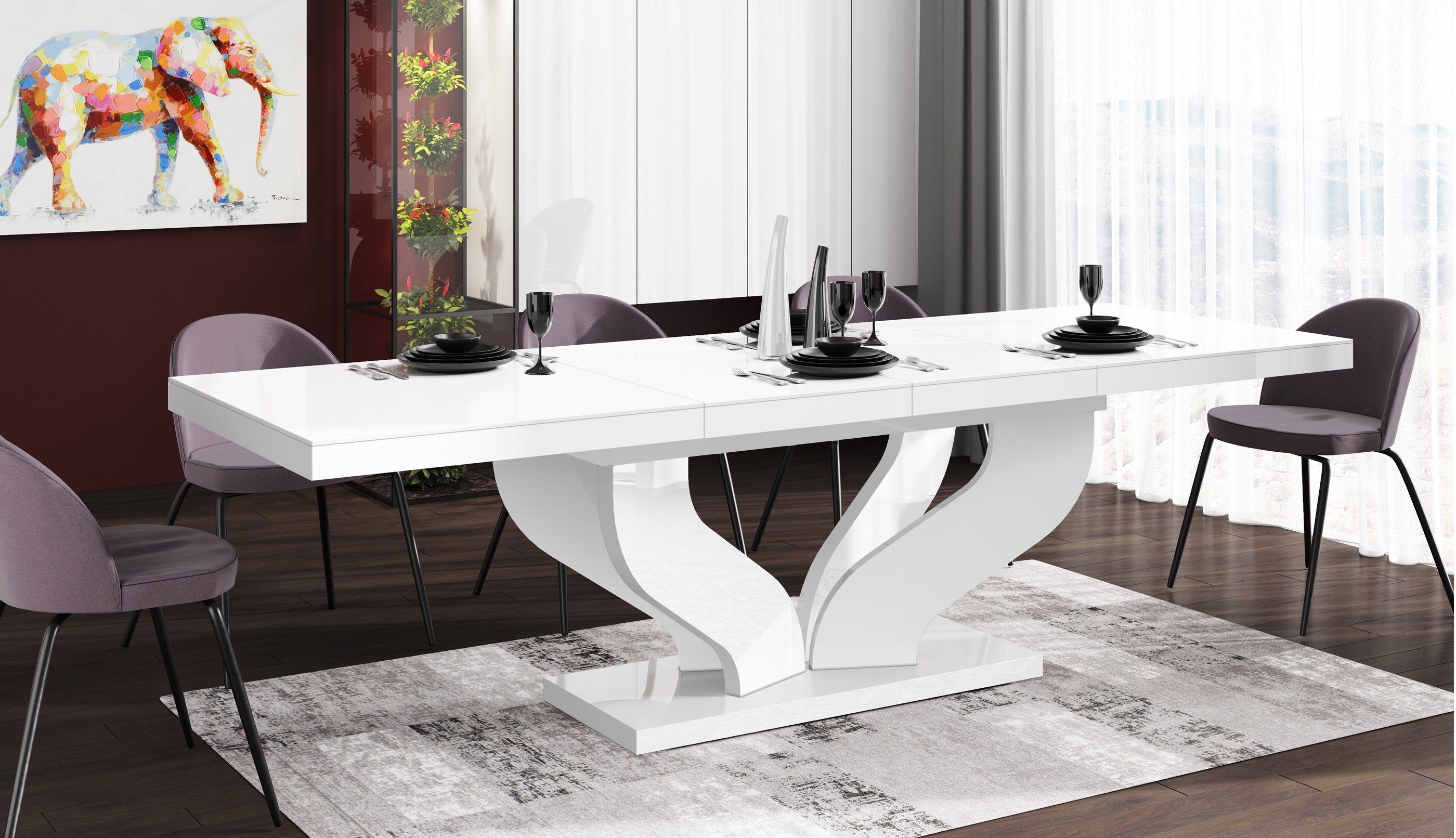 Weiß Design ausziehbar HEB-222 cm bis Tisch Hochglanz designimpex Esstisch 256 160 Esstisch