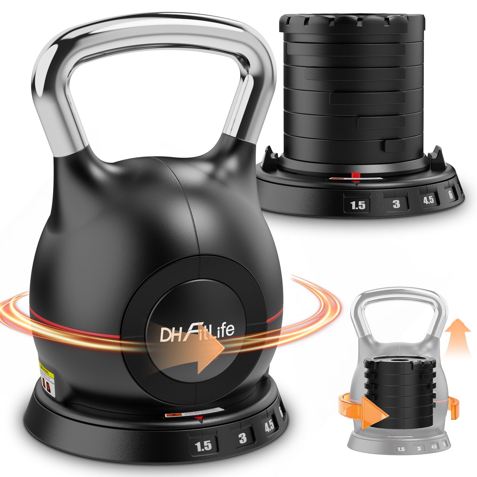 DH FitLife Kettlebell 7-in-1 Verstellbare Kugelhantel, (Set, 1.5–10kg), 7 Gewichtsstufen, Kompakt & Platzsparend
