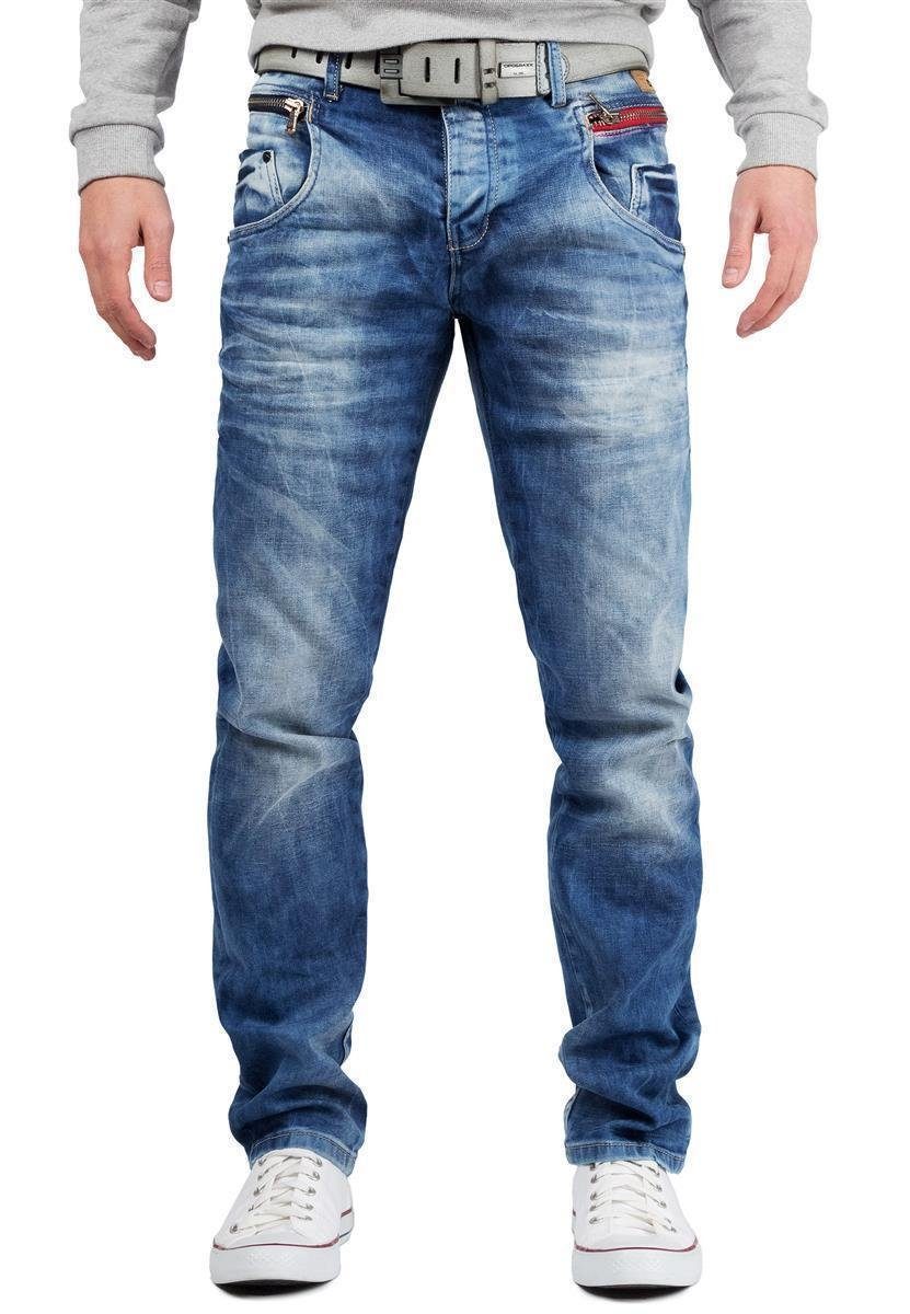 Cipo & Baxx Slim-fit-Jeans Herren Hose BA-CD394 mit roten Zipper und Stonewashed