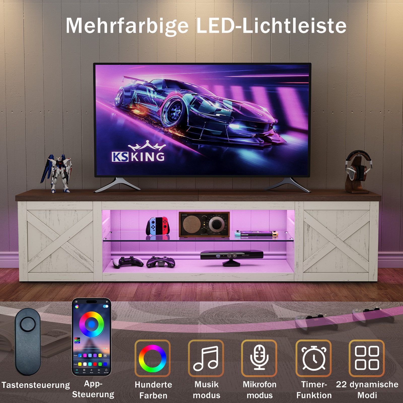 Patbrela TV-Schrank Landhausstil mit RGB-LED verstellbarem Einlegeboden & offenem Stauraum
