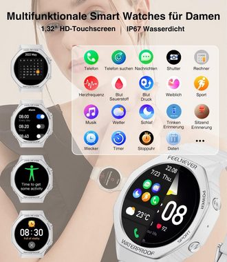 Lige Smartwatch (1,32 Zoll, iOS Android), Damen Telefonfunktion Fitnessuhr Blutdruckmessung Pulsuhr Wasserdicht