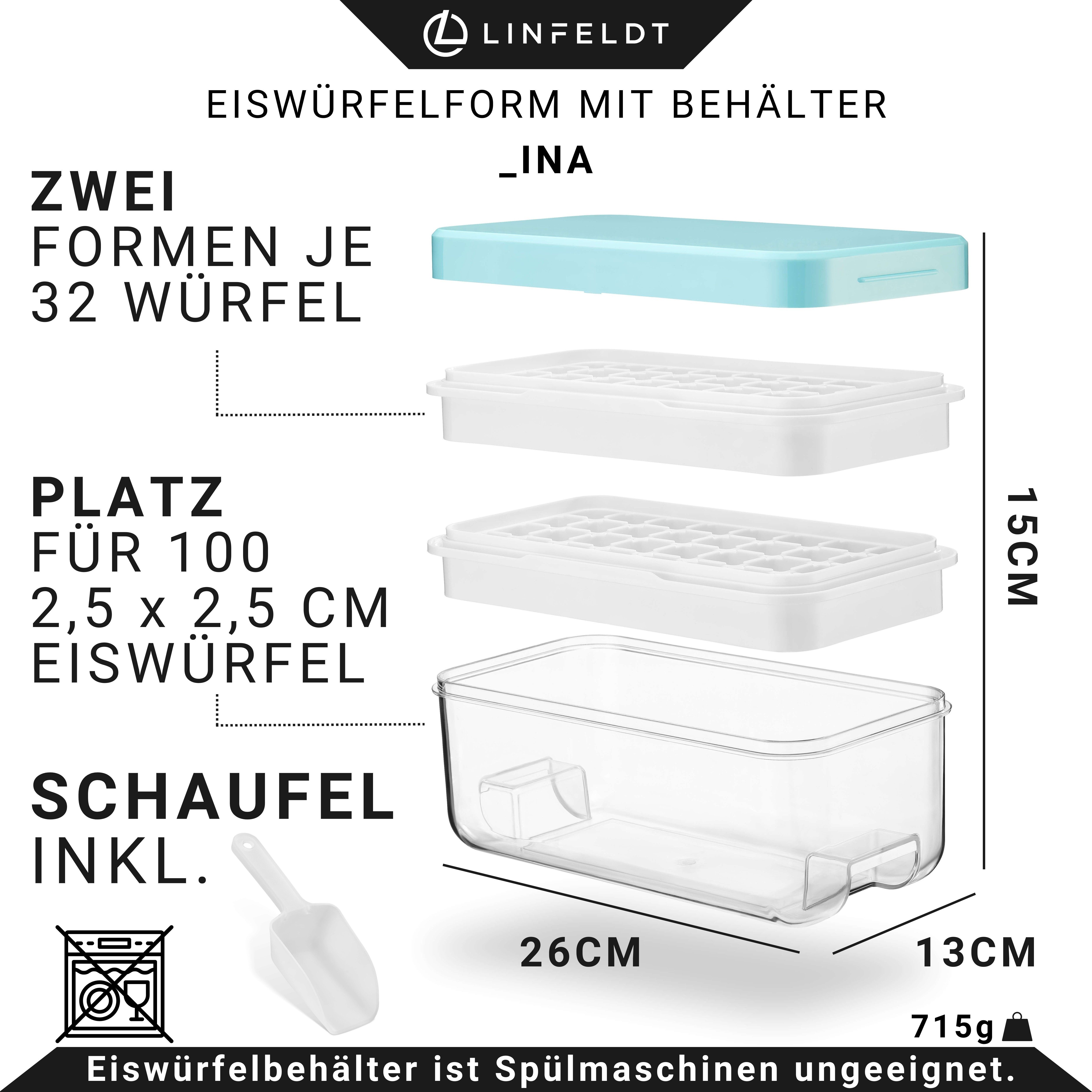 LINFELDT Eiswürfelform mit Behälter - 64 Würfel - einfach Drücken & Fertig - Inkl. Schaufel