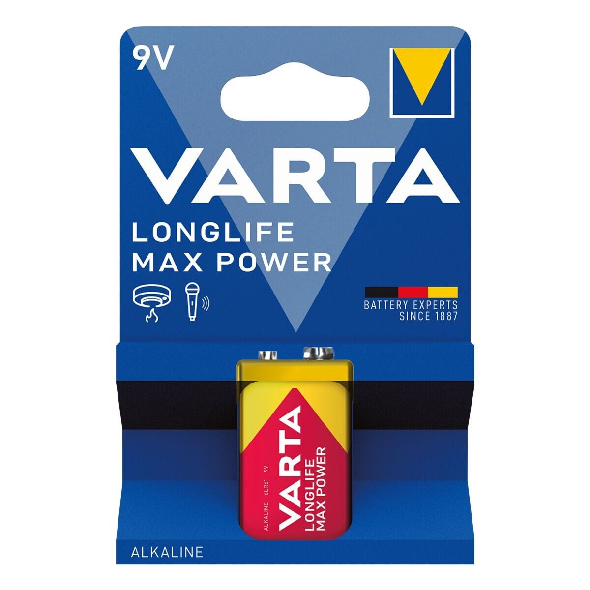 VARTA LONGLIFE Max Power Batterie, (9 V, 1 St), E-Block / 6LP3146 / 6LR61, 9 V, Alkali
