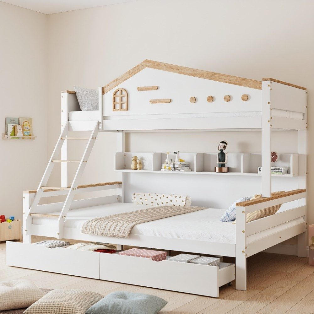 MODFU Etagenbett mit Fenster, Fallschutzgitter, 2 Schubladen & Offenes Regal (Kinderbett, 4-stufige Schrägleiter, Weiß+Natur, Kiefer+MDF, Gästebett 90x200cm & 140x200cm), ohne Matratze