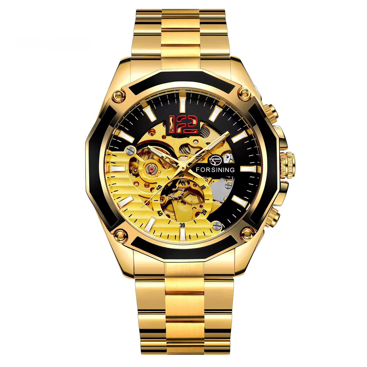 Rötting Design Automatikuhr Herrenuhr Armbanduhr Forsining schwarz goldfarbenes Ziffernblatt, Edelstahl, Skelett