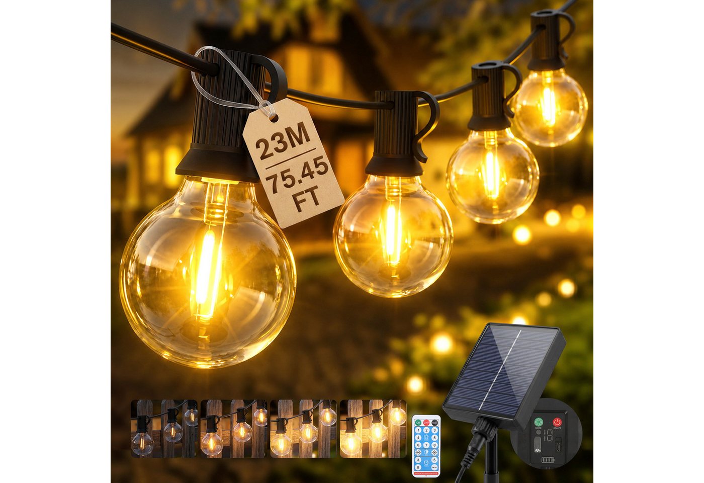 Salcar LED Solarleuchte Lichterkette Outdoor Solar 7-23M Gartenleuchten LED Lichterkette Außen, IP44 8 Modi 23,2m mit 30+1 G40 Glühbirnen Fernbedienung/Dimmbar/Timer