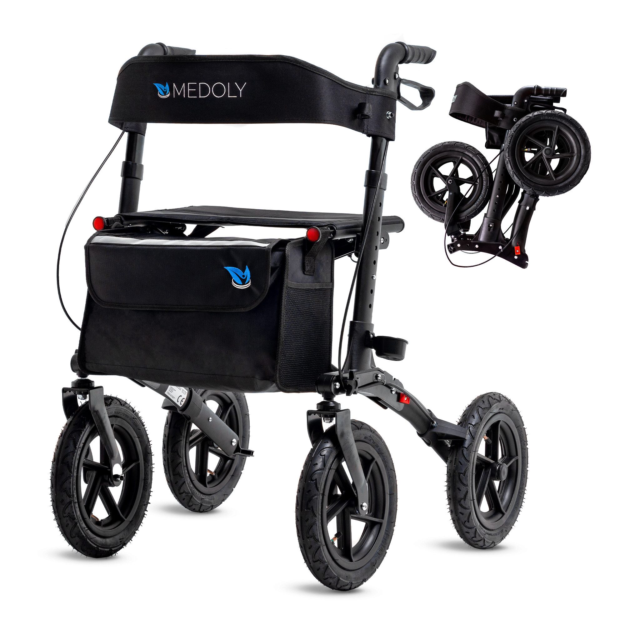 MEDOLY Rollator Outdoor Rollator, mit Luftbereifung & Faltbar -inkl. EInkaufstasche, Stockhalter