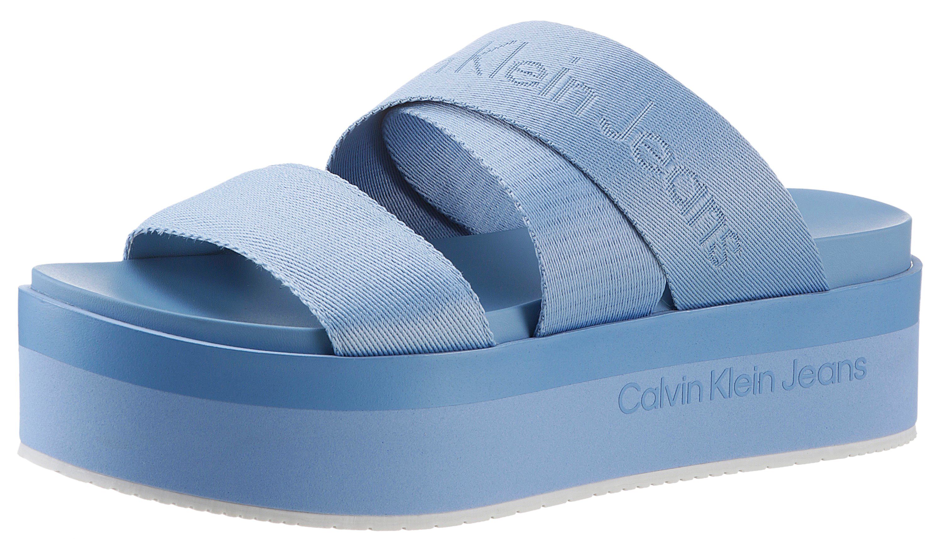 Calvin Klein Jeans FLATFORM SANDAL WEBBING IN MR Pantolette, Plateau, Sommerschuh, Schlappen mit Logoschriftzug
