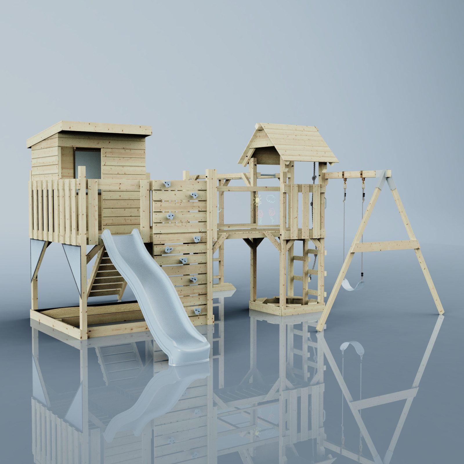 OutdoorToys Spielturm Lene, aus Holz in Eisblau mit Kinderschaukel & Rutsche