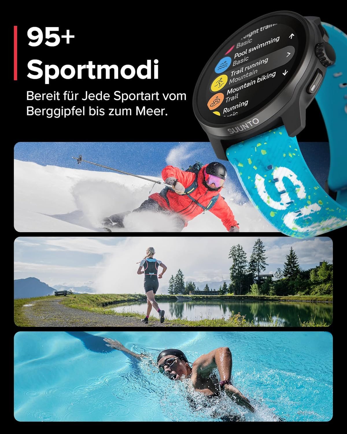 Suunto Smartwatch (3,3 cm, android ios), Multisport Smartwatch mit GPS AMOLED Display HRV und 95 Sportmodi