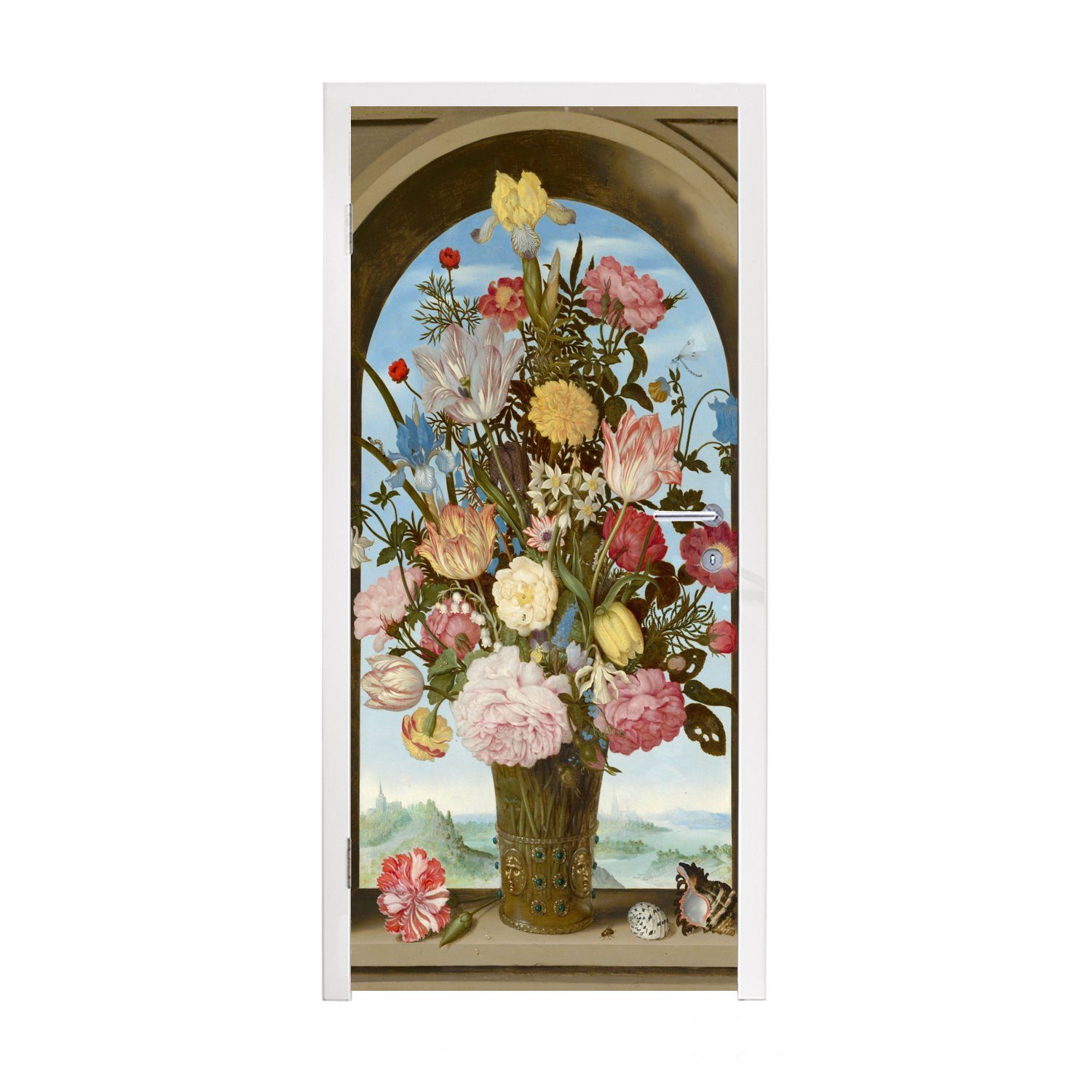 MuchoWow Türtapete Vase mit Blumen in einem Fenster - Gemälde von Ambrosius Bosschaert, Matt, bedruckt, (1 St), Fototapete für Tür, Türaufkleber, 75x205 cm