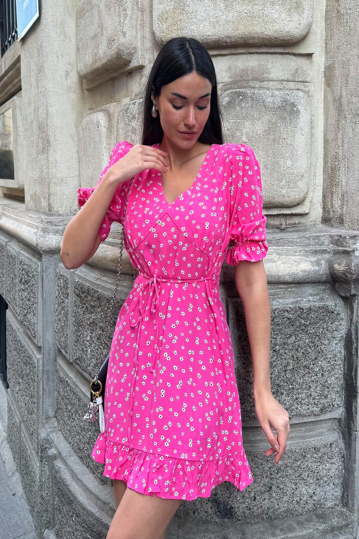 For You Moda Midikleid Natürliche Viskose Rüschenmuster Fuchsia Kleid