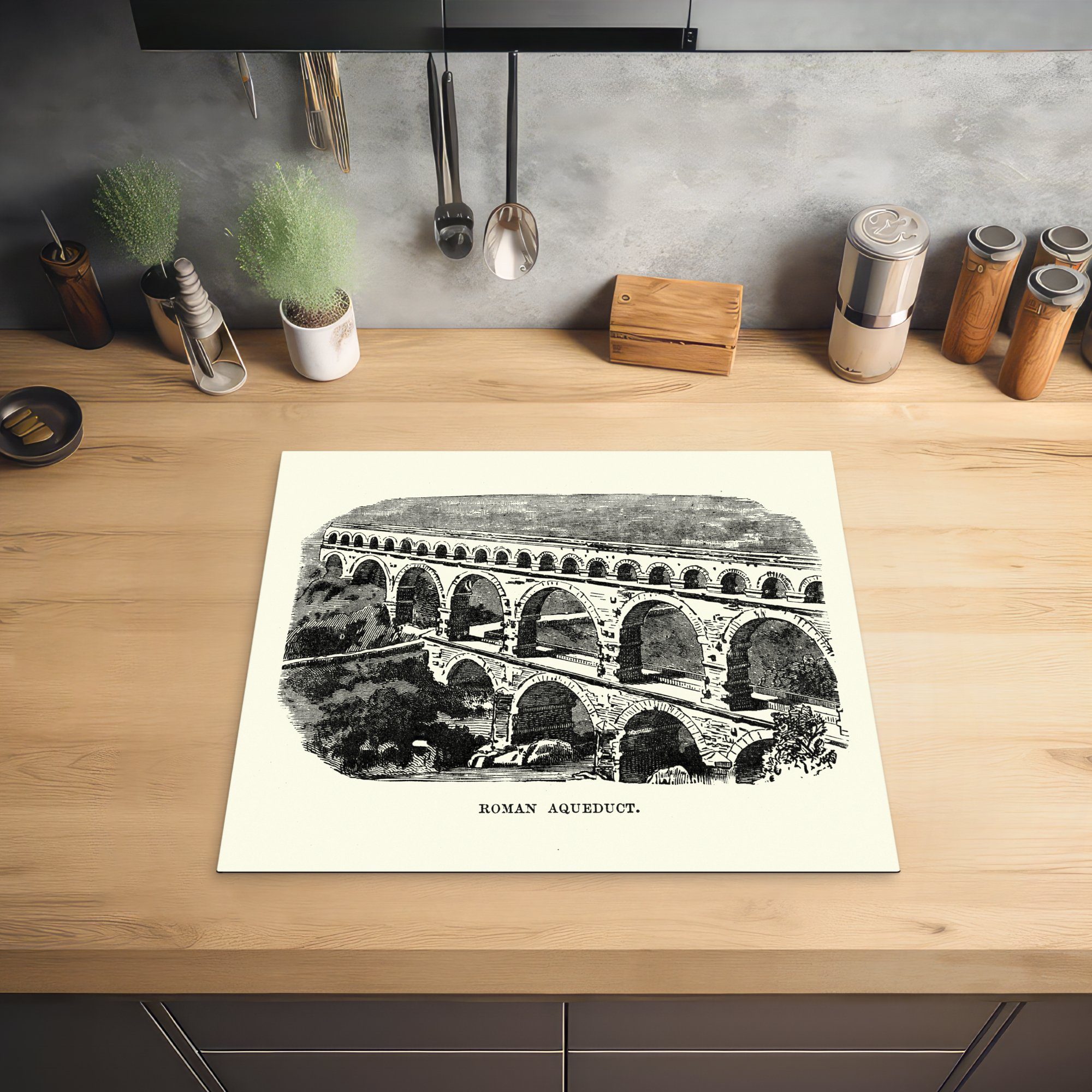 MuchoWow Herdblende-/Abdeckplatte Schwarz-Weiß-Illustration eines Aquädukts Vinyl, Ceranfeldabdeckung (1 Mobile Arbeitsfläche cm, tlg), Rom, nach 60x52 nutzbar