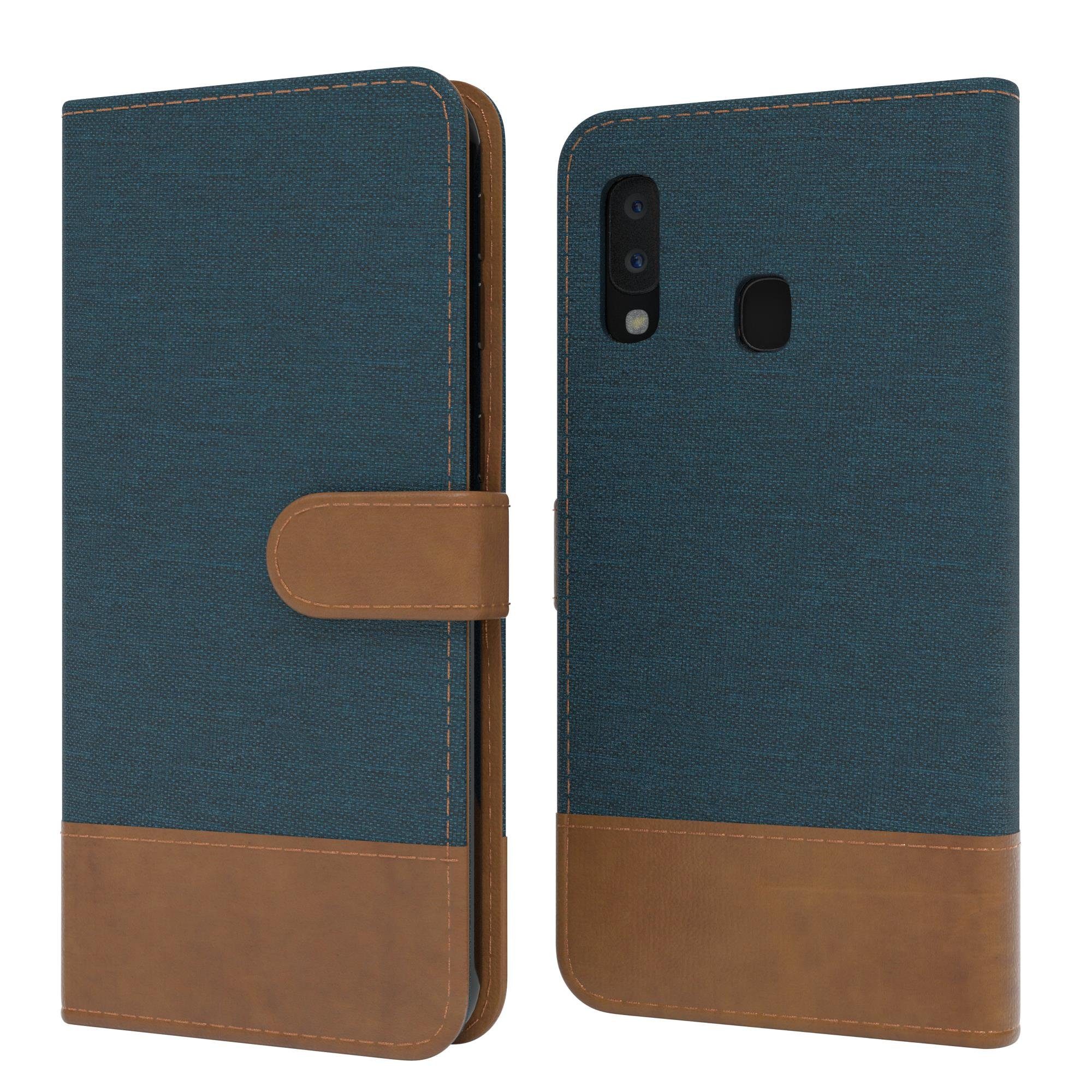 EAZY CASE Handyhülle Bookstyle Jeans für Samsung Galaxy A20e 5,8 Zoll, Klappcase mit Standfunktion und Kartenfach Stoff Schutzhülle Blau