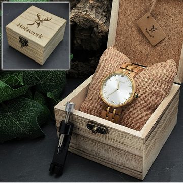 Holzwerk Quarzuhr LEBUS edle Damen Strass Holz Armband Uhr, beige braun, gold & silber