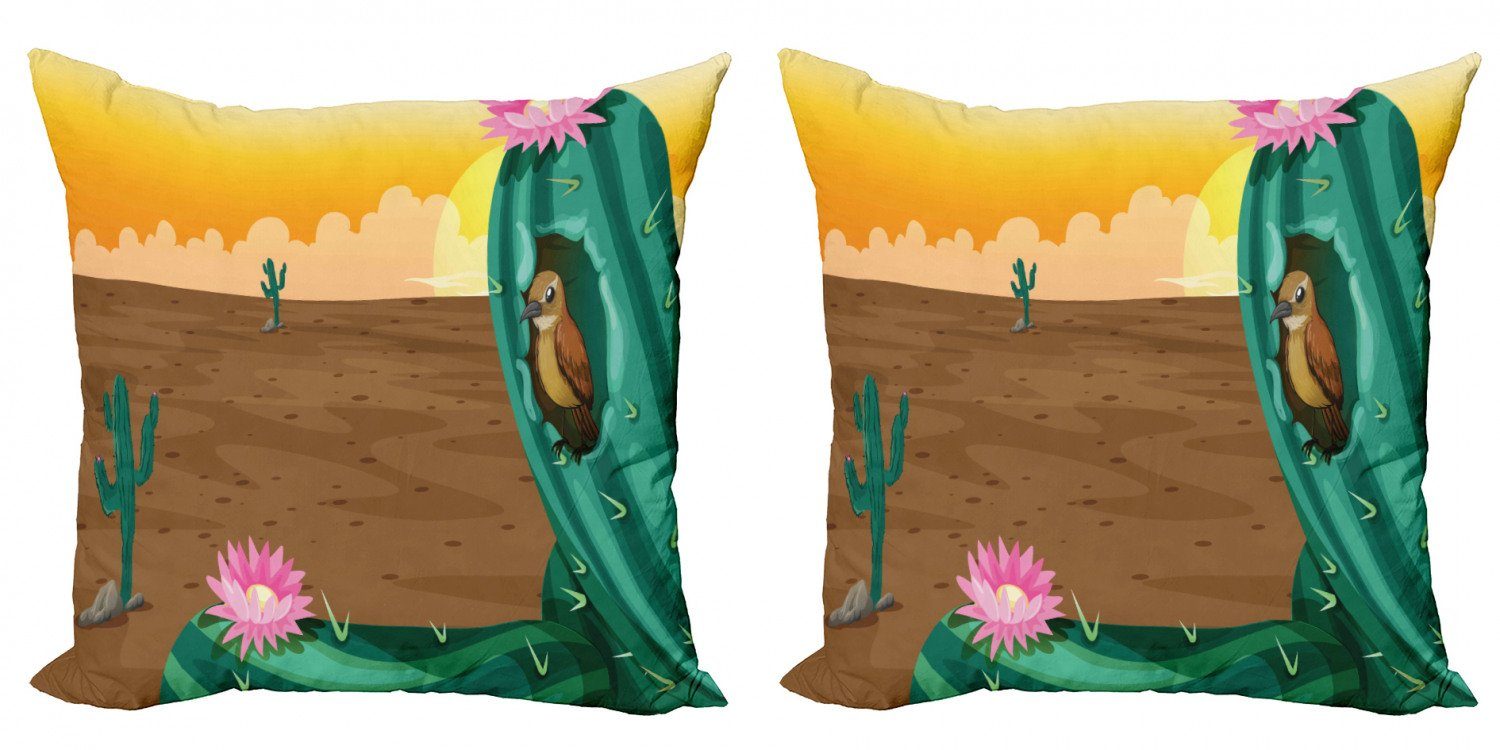 Kissenbezüge Modern Accent Doppelseitiger Digitaldruck, Abakuhaus (2 Stück), Bunt Wüsten-Kaktus und Vogel