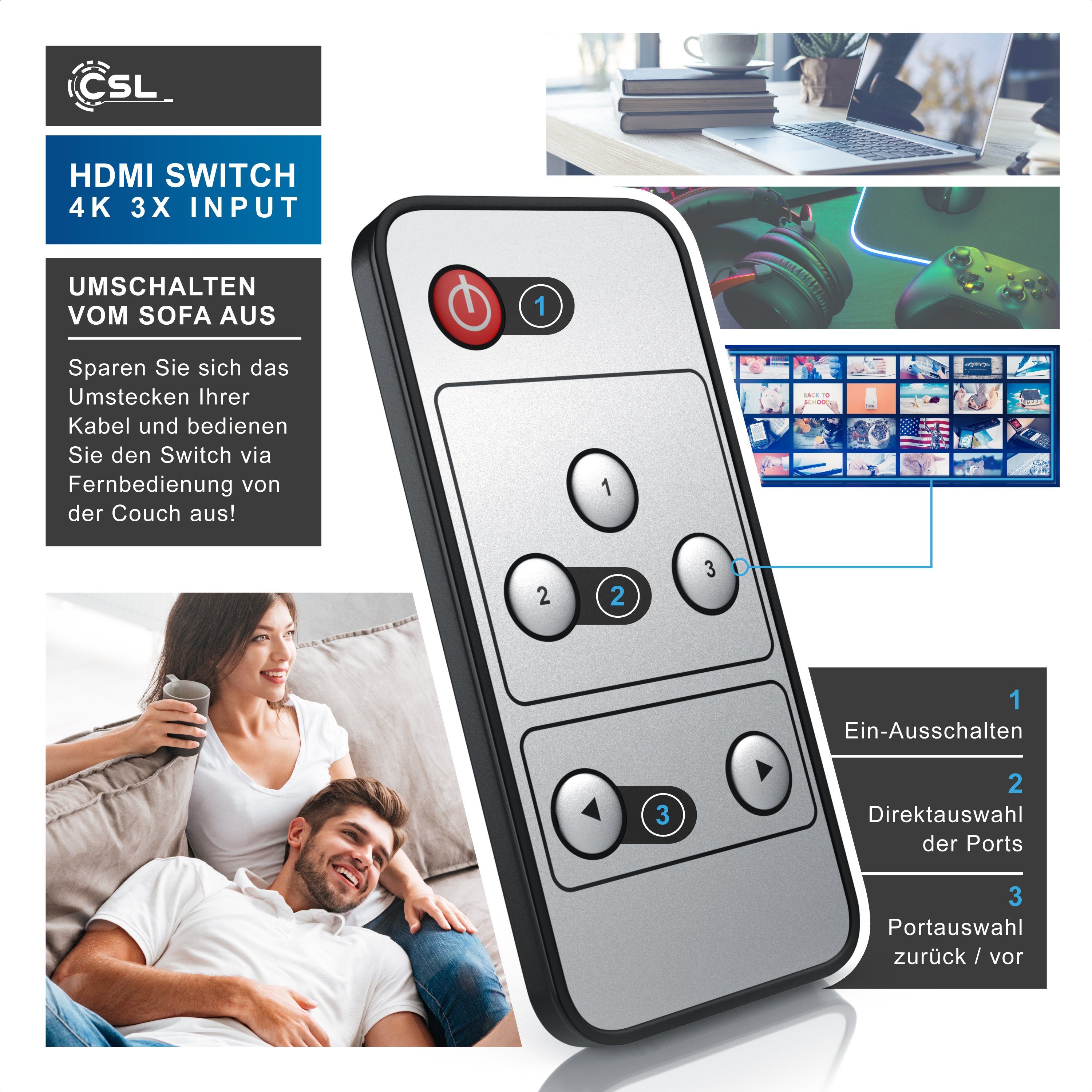 Primewire Audio / Video Matrix-Switch 3-Port 4Kx2K Ultra HD HDMI Switch/Verteiler, automatische Umschaltung, Video-/Audioschalter mit Verstärker, UHD inkl. Fern – Bild 4 von 5