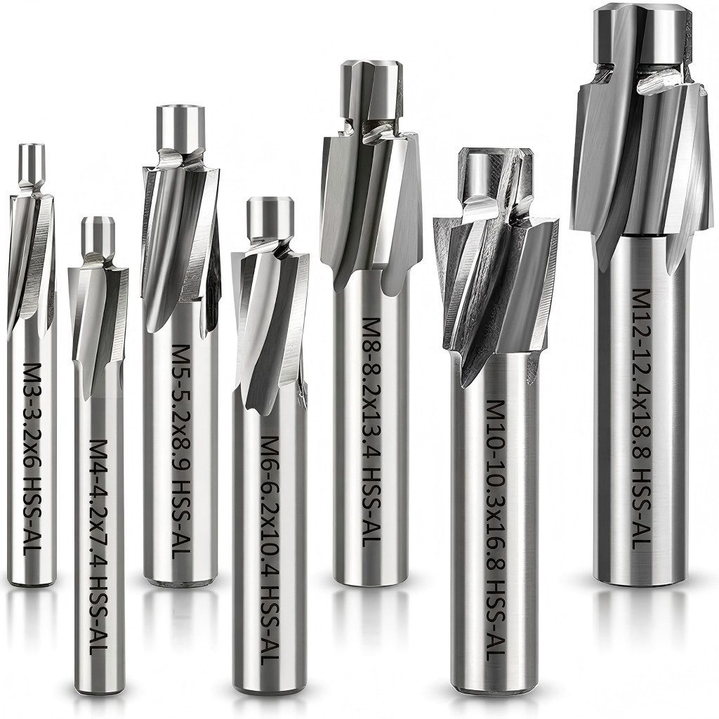 PRIISF Senkbohrer 7 Stück Flachsenker HSS DIN373 Senker Schaftfräser M3-M12 Zapfensenker, (Flachsenkersatz 4 Zähne CNC Cutter Slot Bohrer Kegelsenker Drehfräser, 7-tlg., 4 Flöten HSS-AL mittel fein Durchgangsloch Kernloch Set Werkzeug), für Metall Stahl Aluminium Holz Edestahl Kunststoff Kupfer Gusseisen