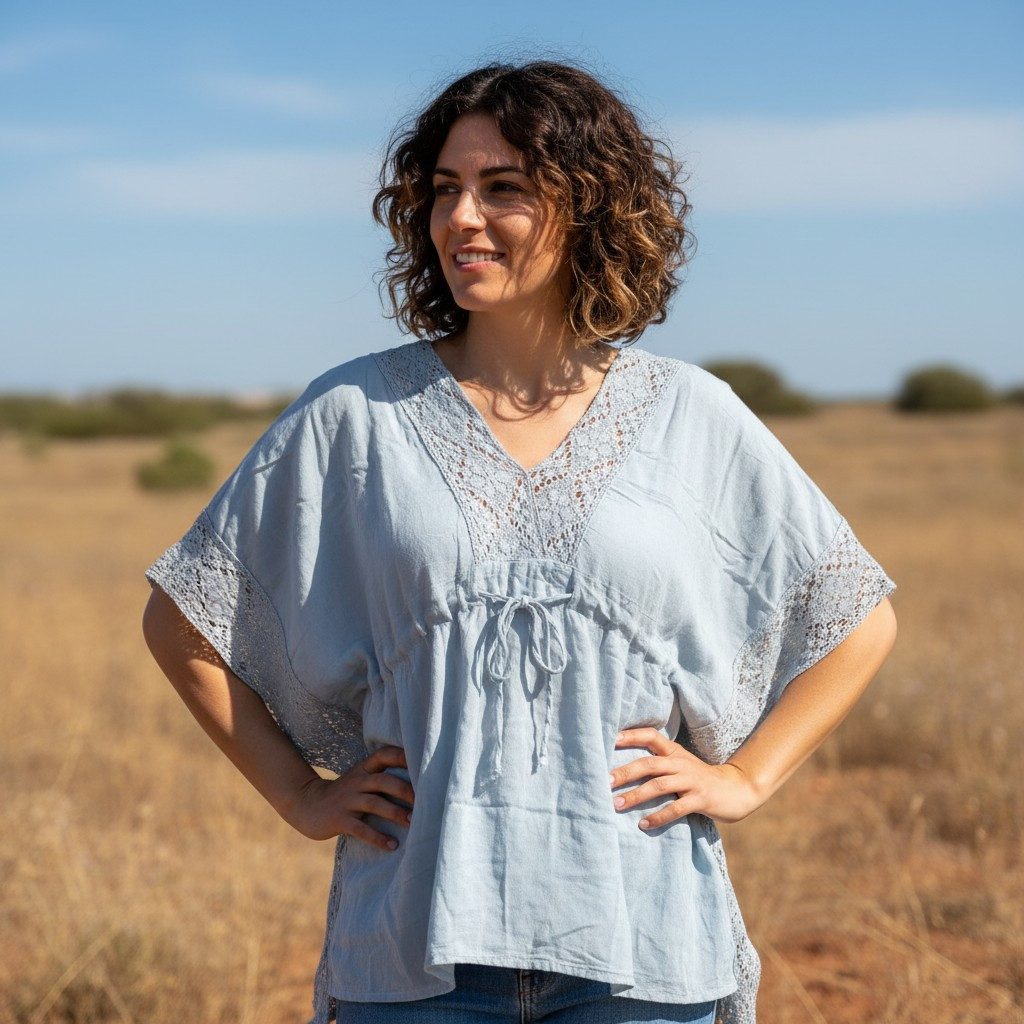 Guru-Shop Longbluse Kurze Kaftanbluse mit Spitze, Boho Kaftan -.. alternati günstig online kaufen