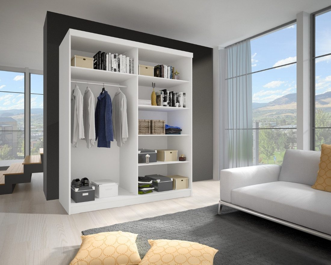 Deine Möbel 24 Schiebetürenschrank HEAVEN 32 183 cm breit Kleiderschrank Schwebetürenschrank Spiegelfront (mit Spiegel, 2-St., Set) Weiß Matt