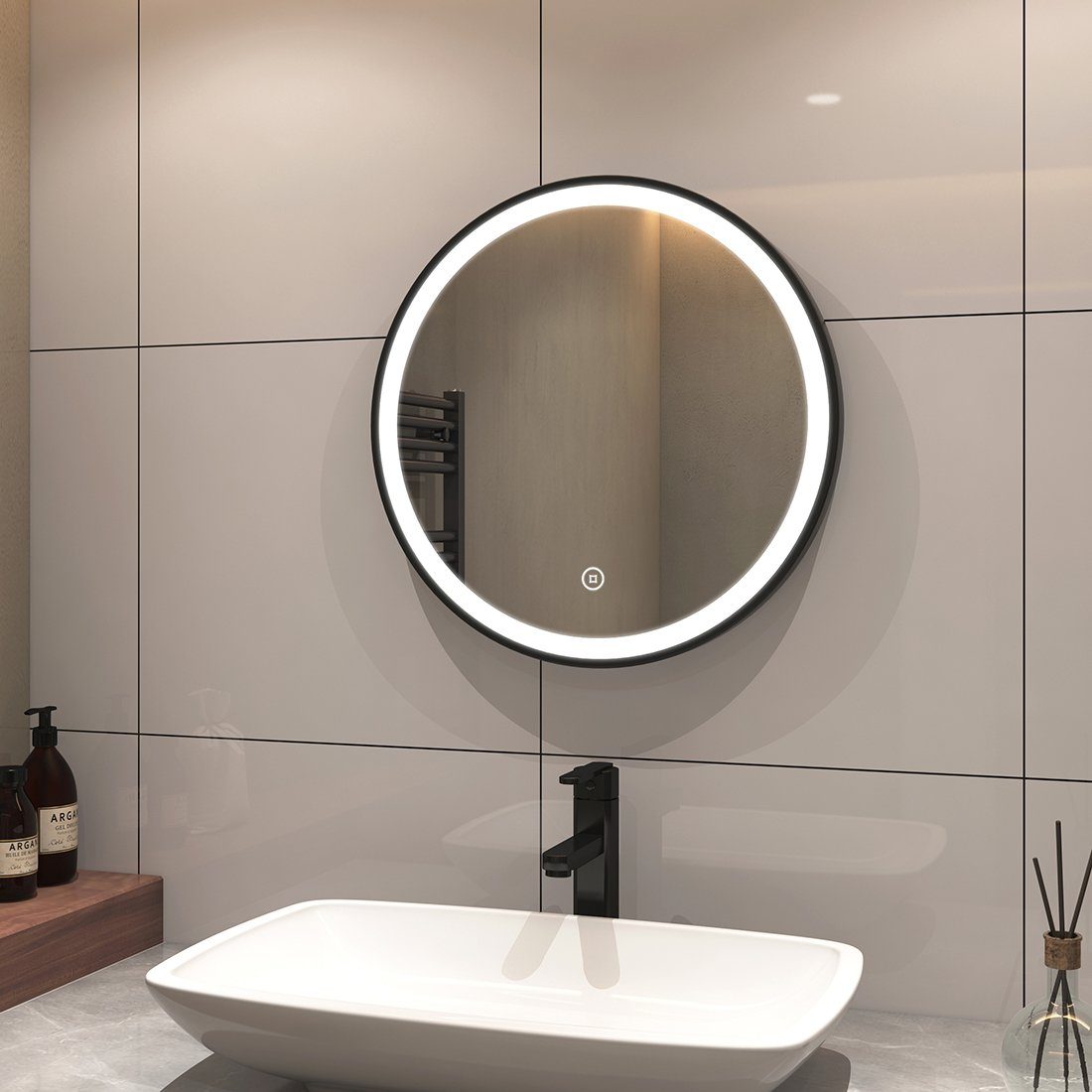 S'AFIELINA Badspiegel Runder LED Badezimmerspiegel mit Touch und Kaltweißes  Licht Schwarz, Touch-Schalter,6500K Einstellbare  Helligkeit,Energiesparend,IP44