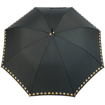 HAPPY RAIN Langregenschirm großer Regenschirm mit Auf-Automatik für Damen, bedruckt mit lustigen Smileys - schwarz Borte