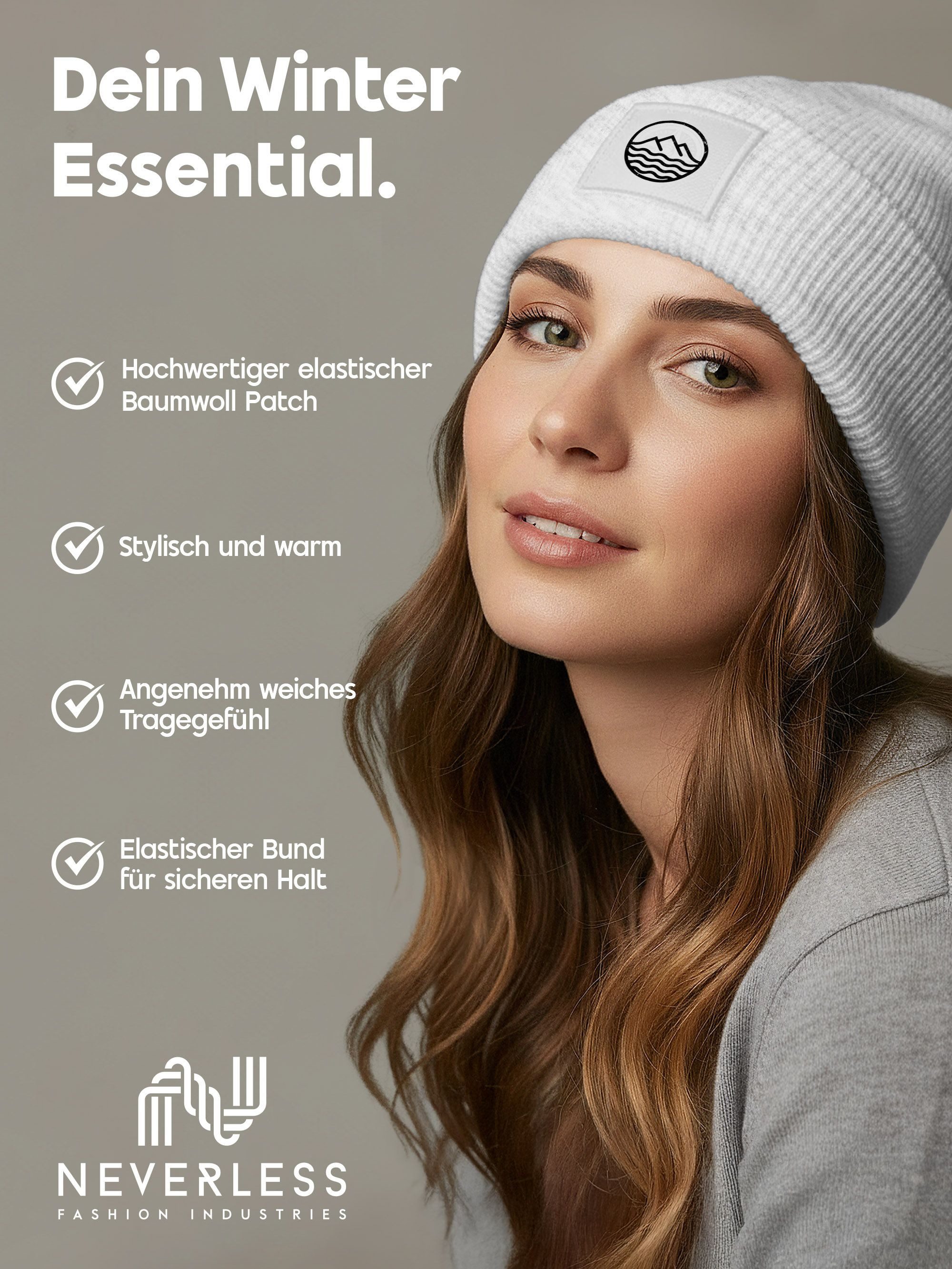 Neverless Strickmütze Damen Beanie mit Aufdruck Outdoor Logo Print Berge Meer Wintermütze