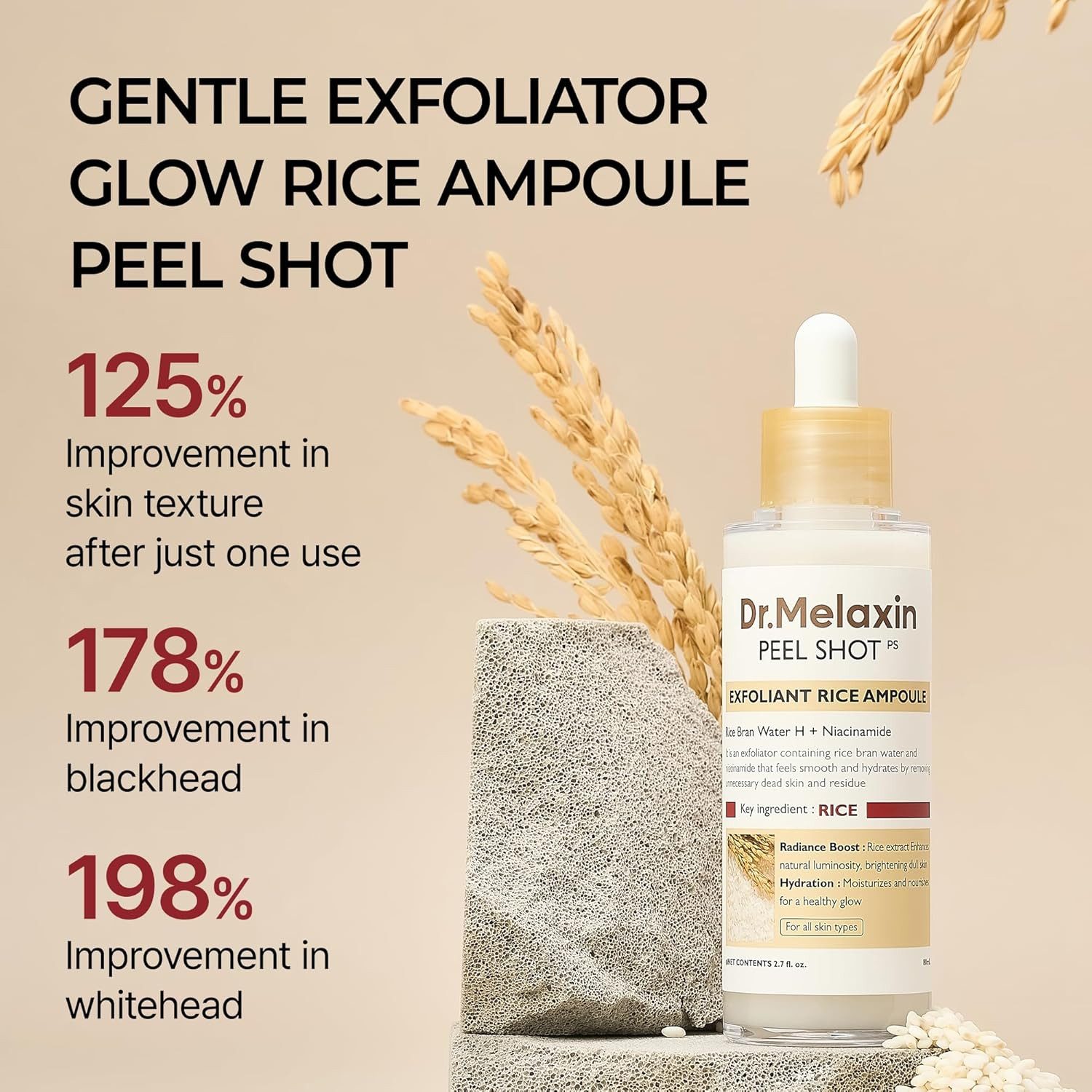 Dr.Melaxin Gesichtsserum Peel Shot Exfoliating White Rice Ampoule 80ml – sanfte Peeling-Ampulle mit Reisextrakt, AHA, BHA & PHA – klärt Poren, glättet das Hautbild & verleiht natürlichen Glow
