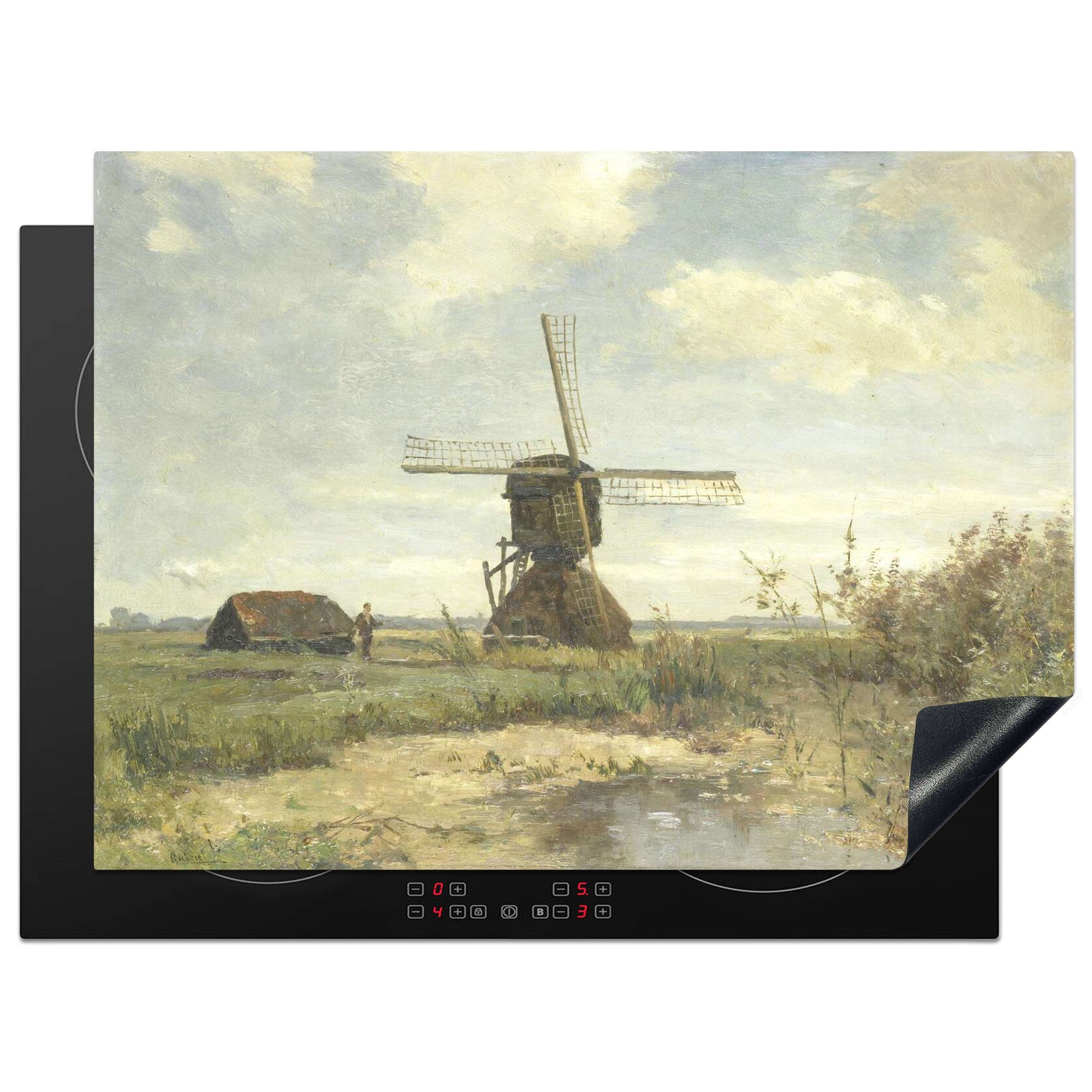 MuchoWow Herdblende-/Abdeckplatte Sonniger Tag': eine Mühle am Kanal - Gemälde von Paul Joseph, Vinyl, (1 tlg), 70x52 cm, Mobile Arbeitsfläche nutzbar, Ceranfeldabdeckung