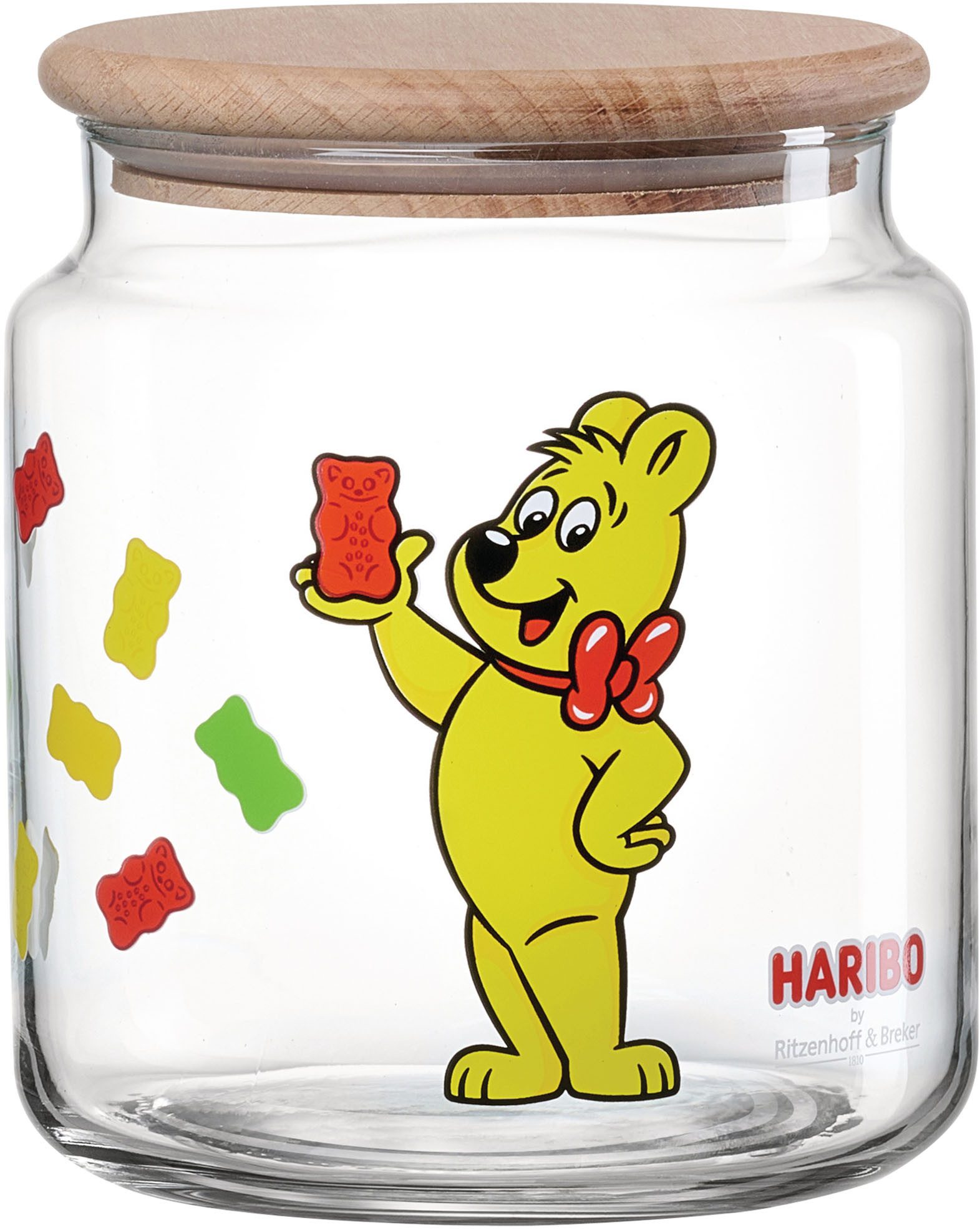Ritzenhoff & Breker Vorratsglas HARIBO Allover, 1,1 Liter, Glas, Massivholz, Silikon, (1-tlg), Maße: 12 x 12 x 13 cm