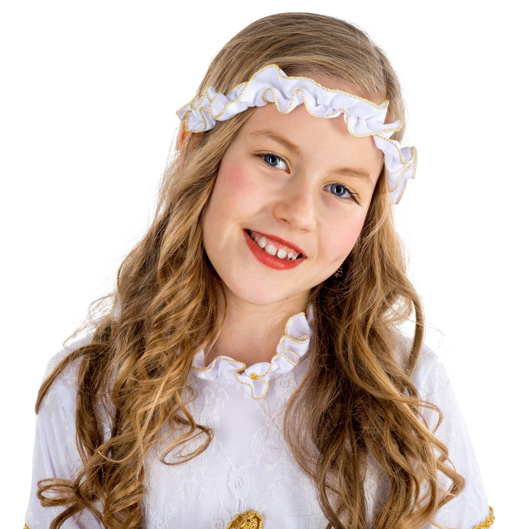 dressforfun Engel-Kostüm Himmelsbote, auch Heilige, in der Farbe weiß, Gr. 128 (8-10 Jahre), Elastisches Haarband, Langes Kleid, Rüschen-Kragen, Trompetenärmel
