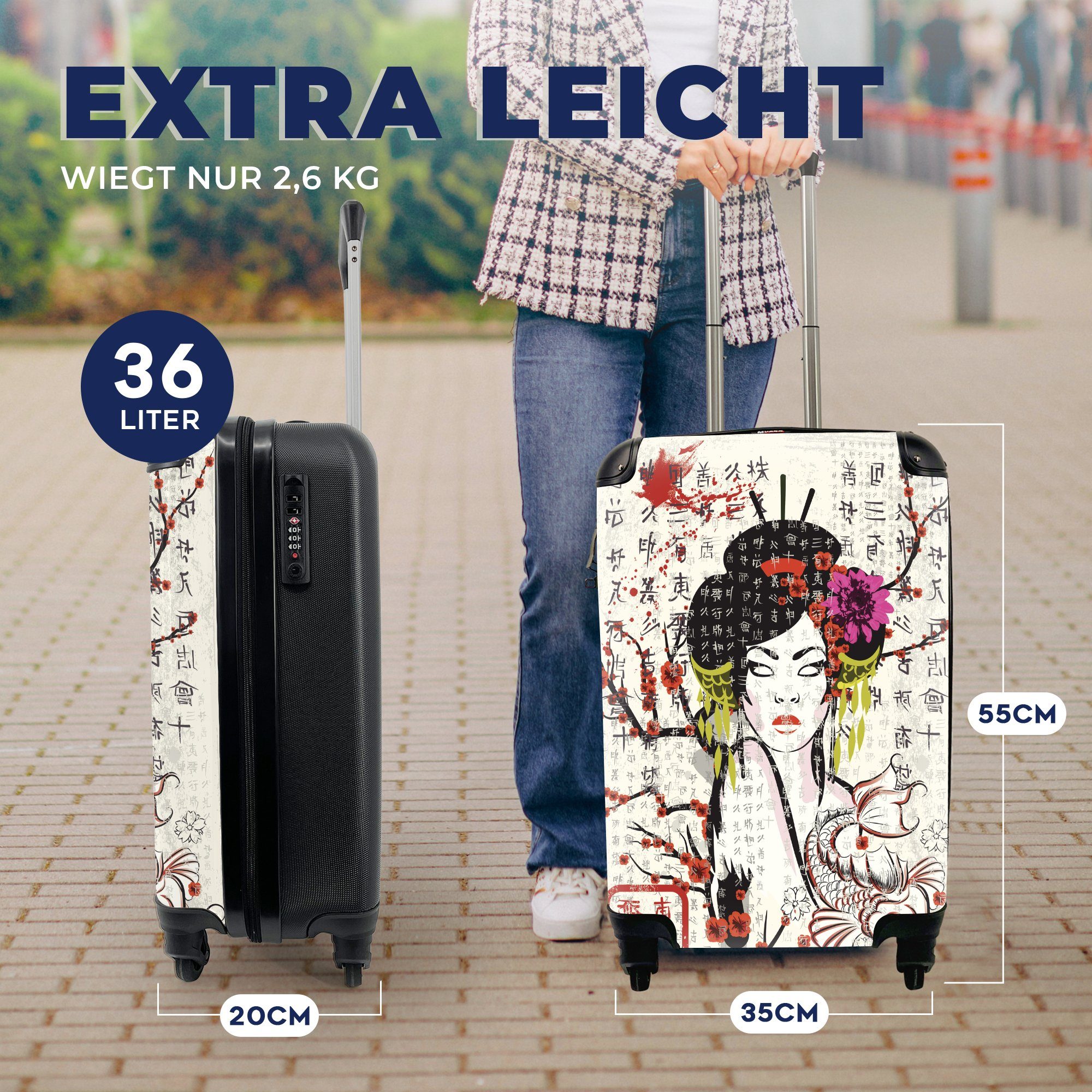 MuchoWow Reisetasche mit Frau, Reisekoffer Ferien, Japanische Trolley, traditionelle Illustration für 4 Handgepäck Handgepäckkoffer Rollen, rollen,