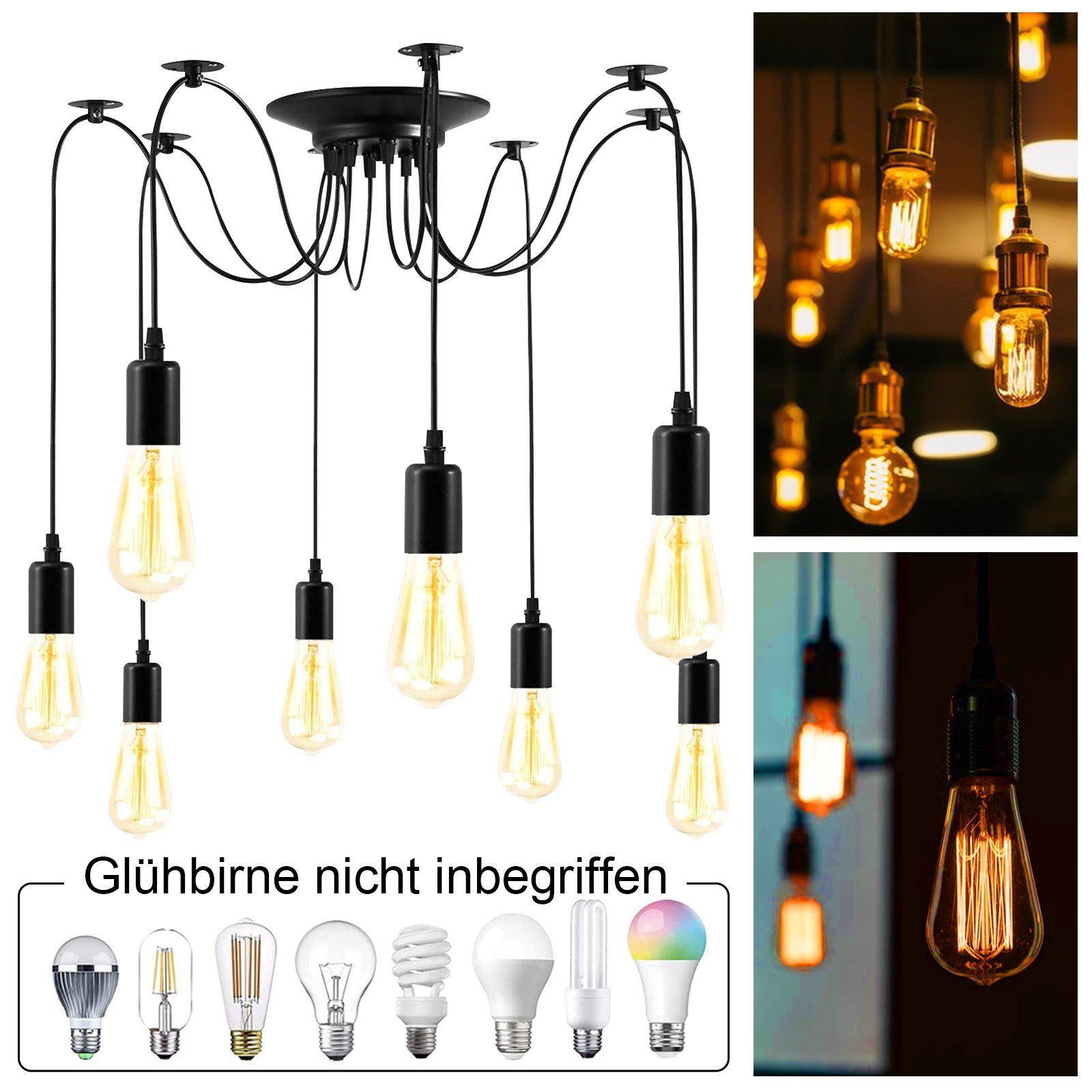 Hängend, Spinne, Retro Schlafzimmer, Küche, Industrie Studie, Lampe Salon, für DIY 4 Esszimmer, Schwarz Pendelleuchte, Kopf, MUPOO Pendelleuchte Höhenverstellbar Kronleuchter