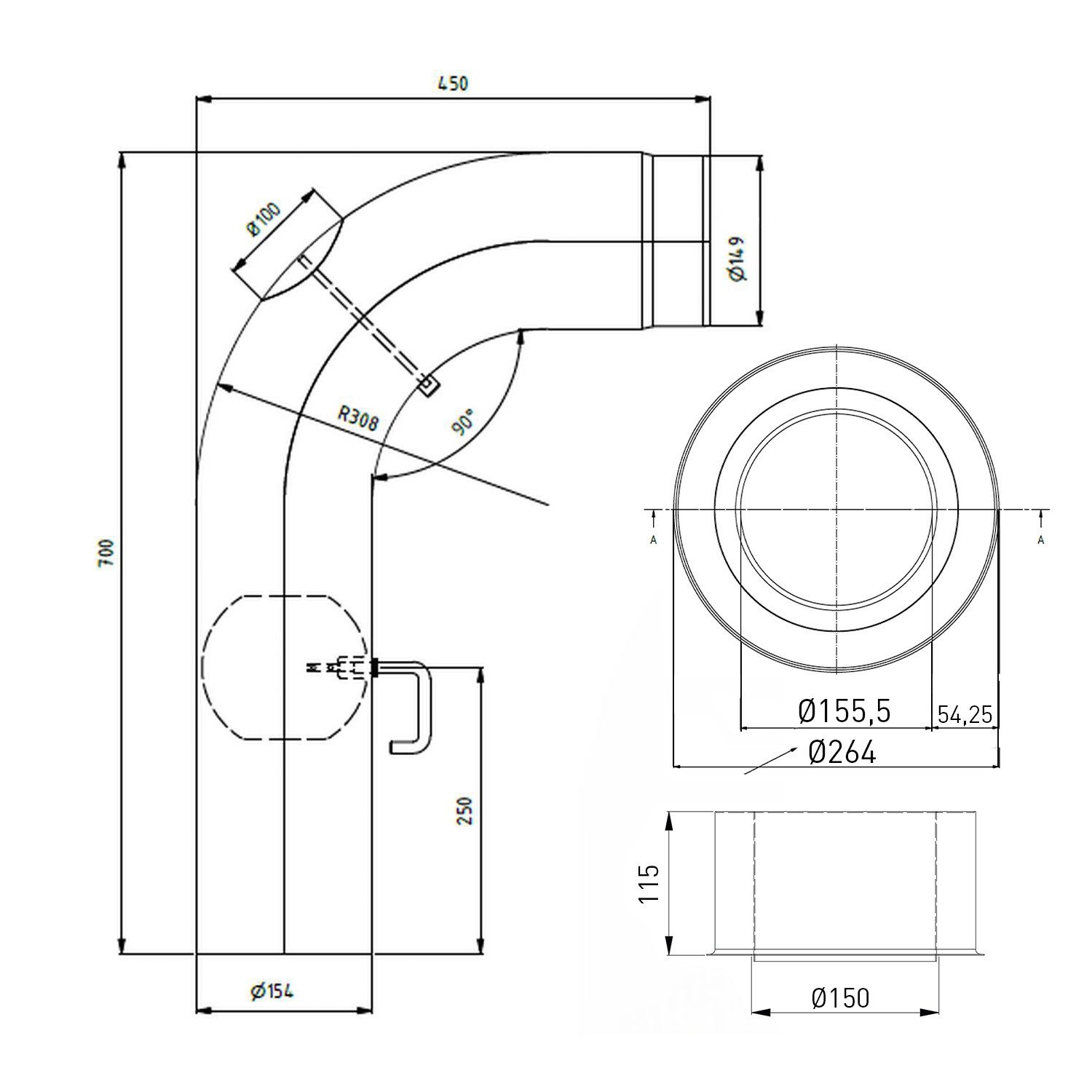 Raik Ofenrohr Raik WBG Set 150/90° 2,00mm glatt 700/450, mit DKL grau für Ofenrohr, Set