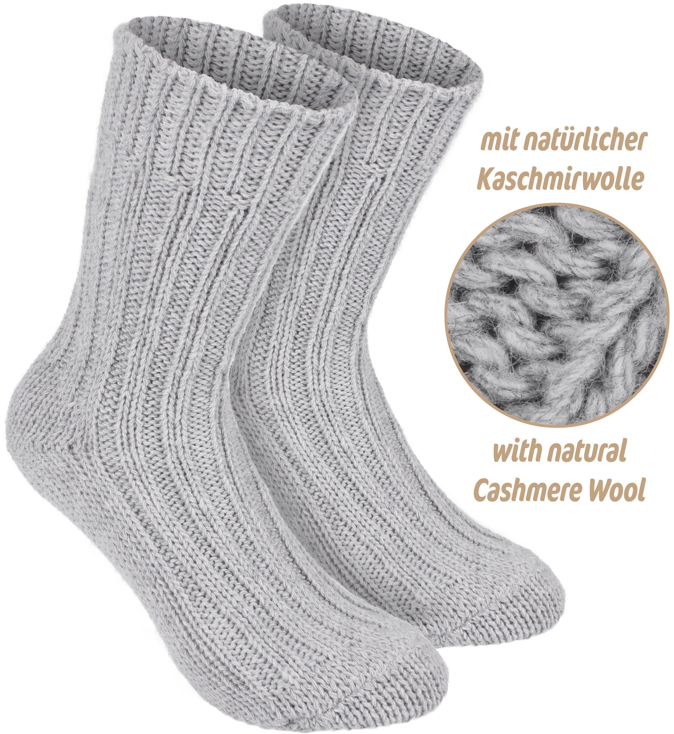 (4-Paar, Cashmere für Kaschmir-Socken 48% warme und Grau Beige 40% BRUBAKER Herren Anteil) Schafswolle Grobstrick Blau, Wintersocken und und Kuschelsocken Damen